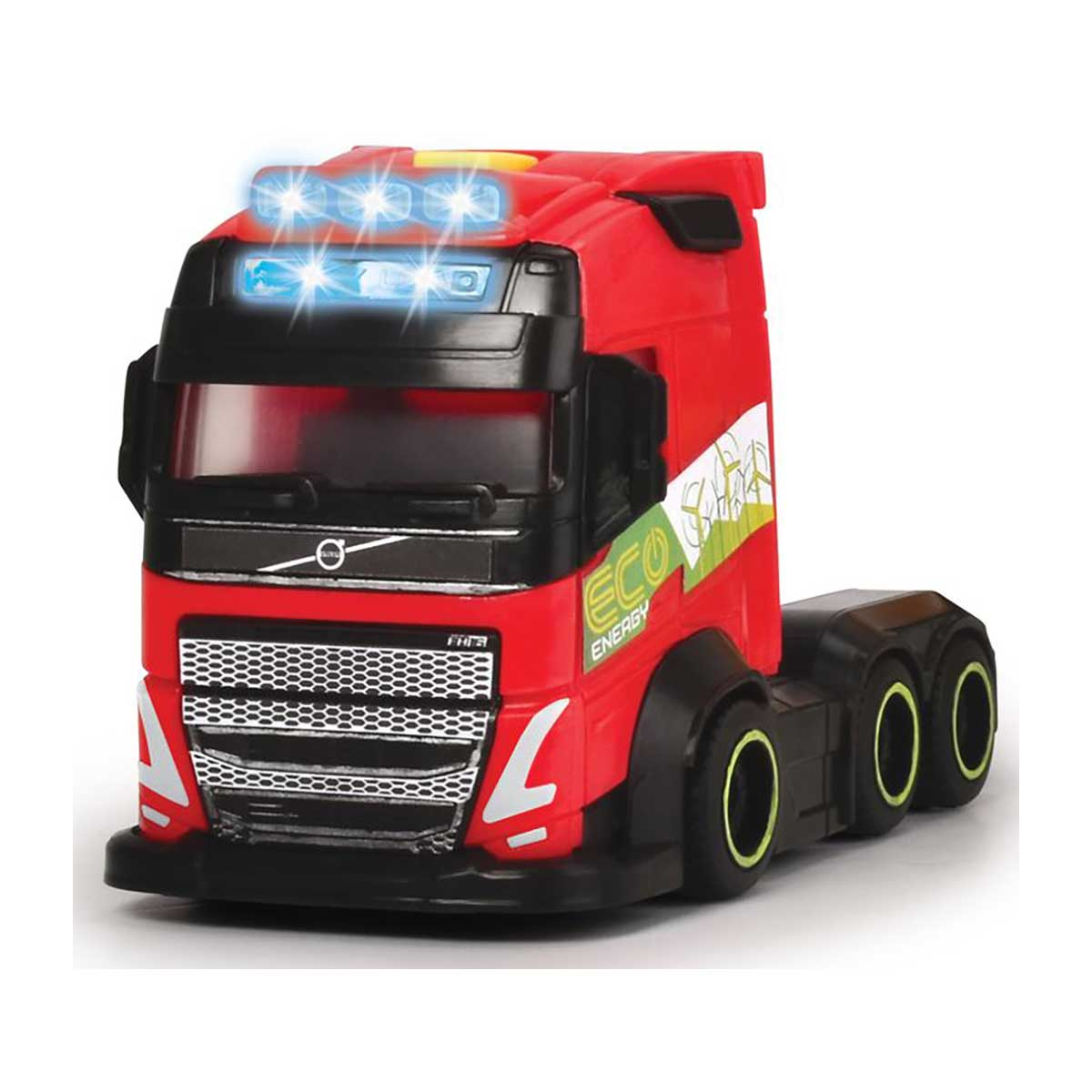 Camion giocattolo rosso con logo ECO ENERGY. Ha luci e ruote nere. Sfondo bianco.