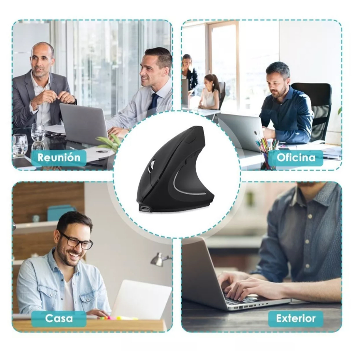 Eine vertikale Maus mit Diagrammen verschiedener Arbeitseinstellungen. Männer und eine Frau benutzen Laptops.
