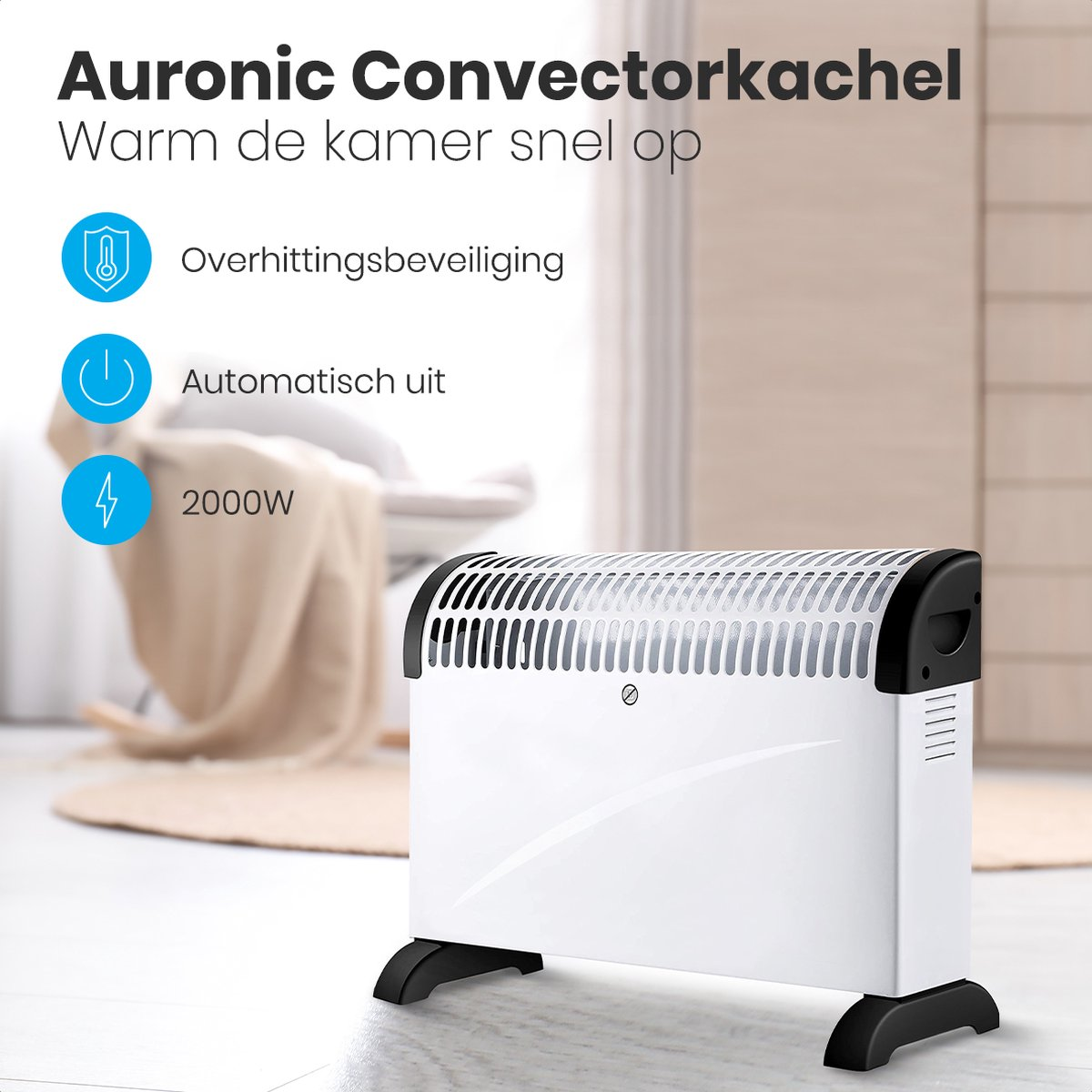 Een witte en zwarte Auronic convectorkachel met pictogrammen en tekst op een lichte achtergrond.