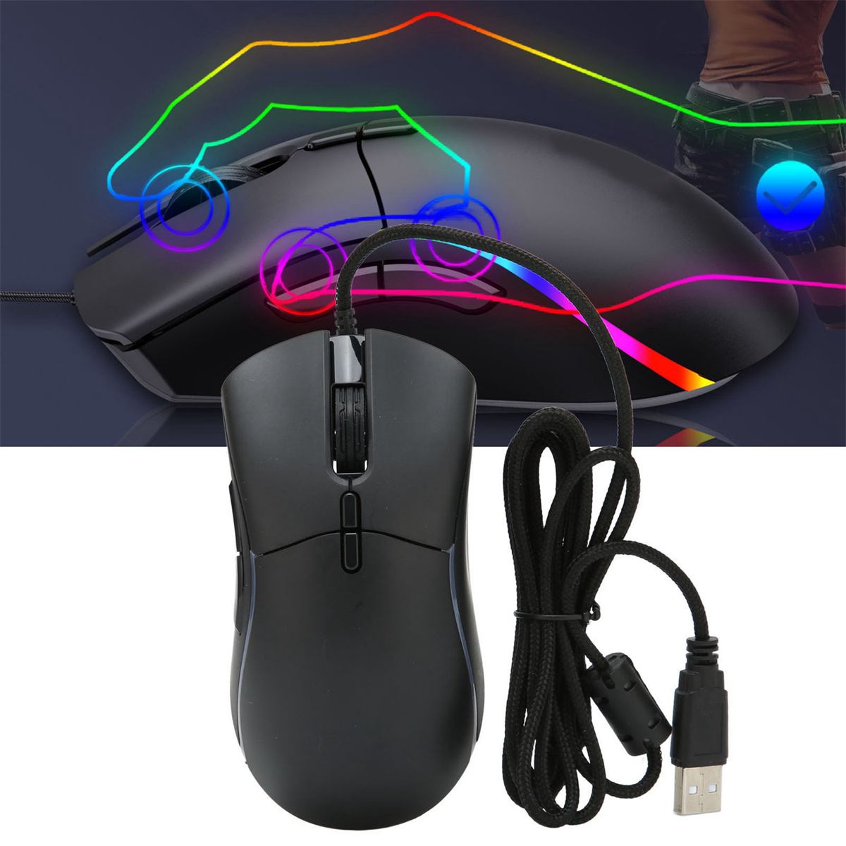 Schwarze Gaming-Maus mit RGB-Beleuchtung und Kabelanschluss. Inklusive USB-Kabel.