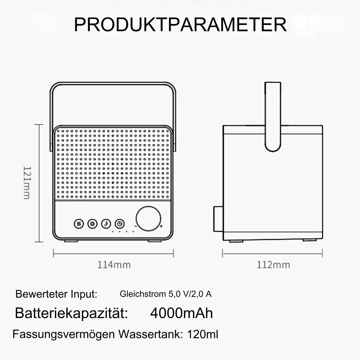 Diagramm eines Geräts mit Abmessungen. Zeigt Vorder- und Seitenansicht sowie Spezifikationen wie Batteriekapazität.