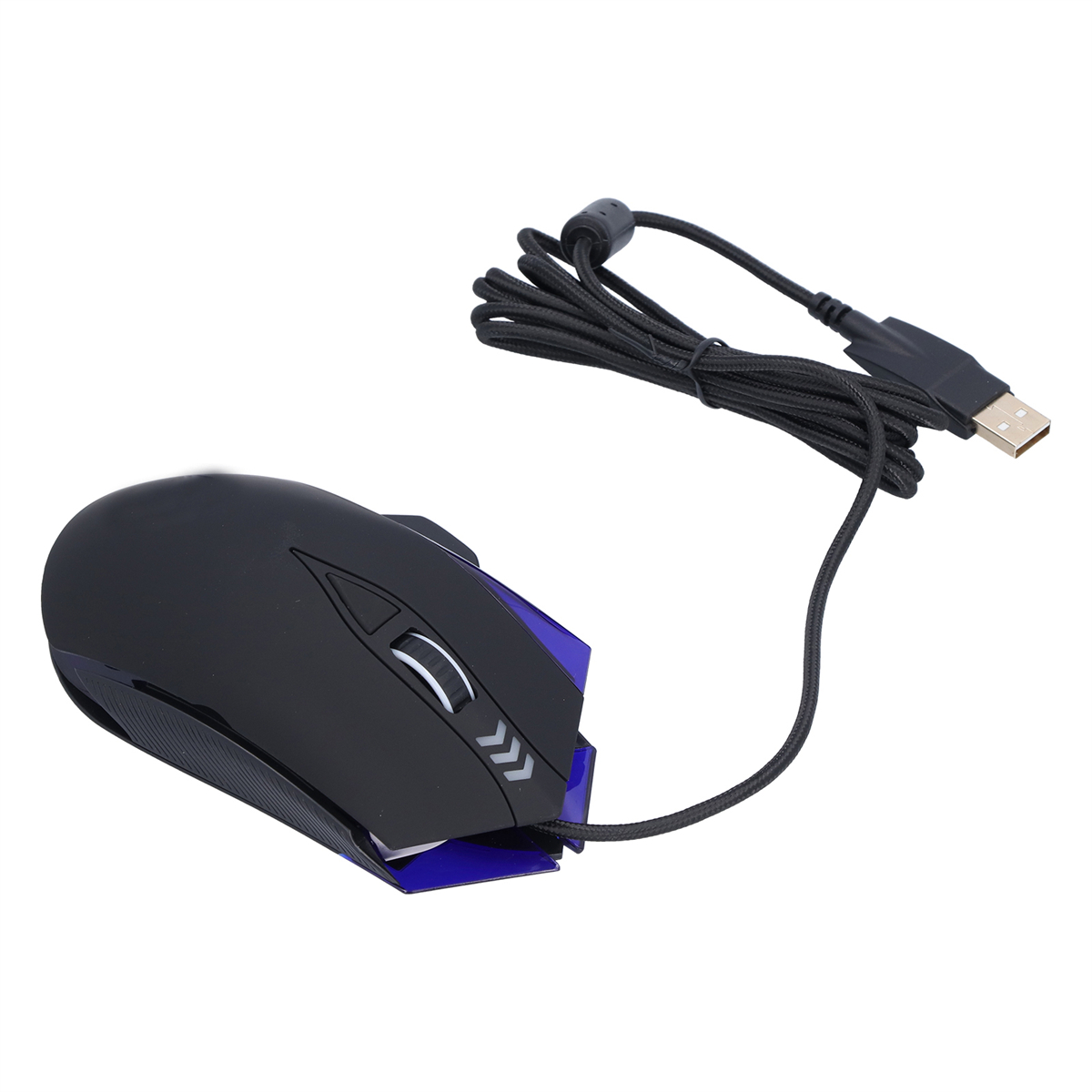 Schwarze Computermaus mit blauen Akzenten, einem Scrollrad und einem USB-Kabel.