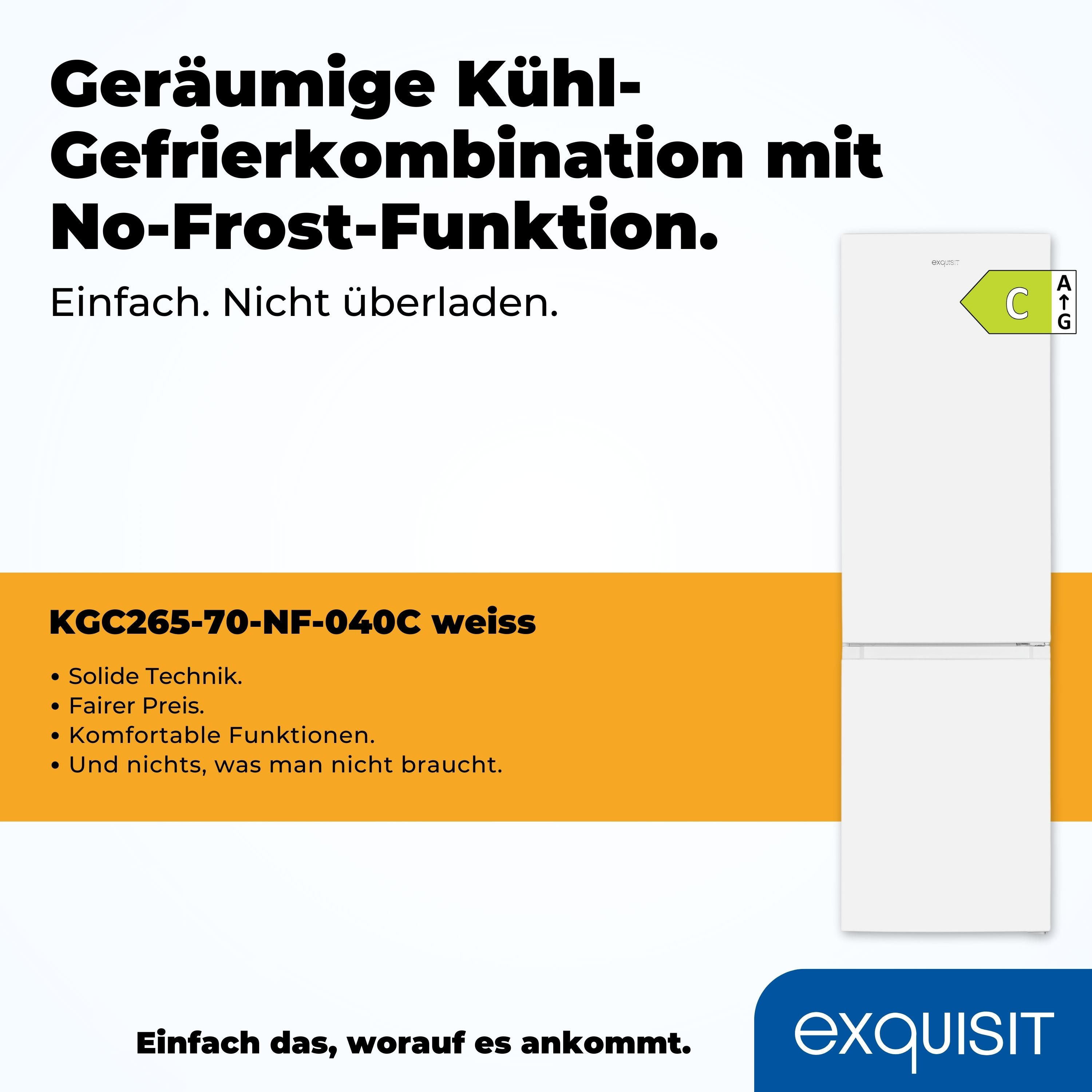 Weißer Kühl-Gefrierkombination mit Text und einem grünen Energieetikett.