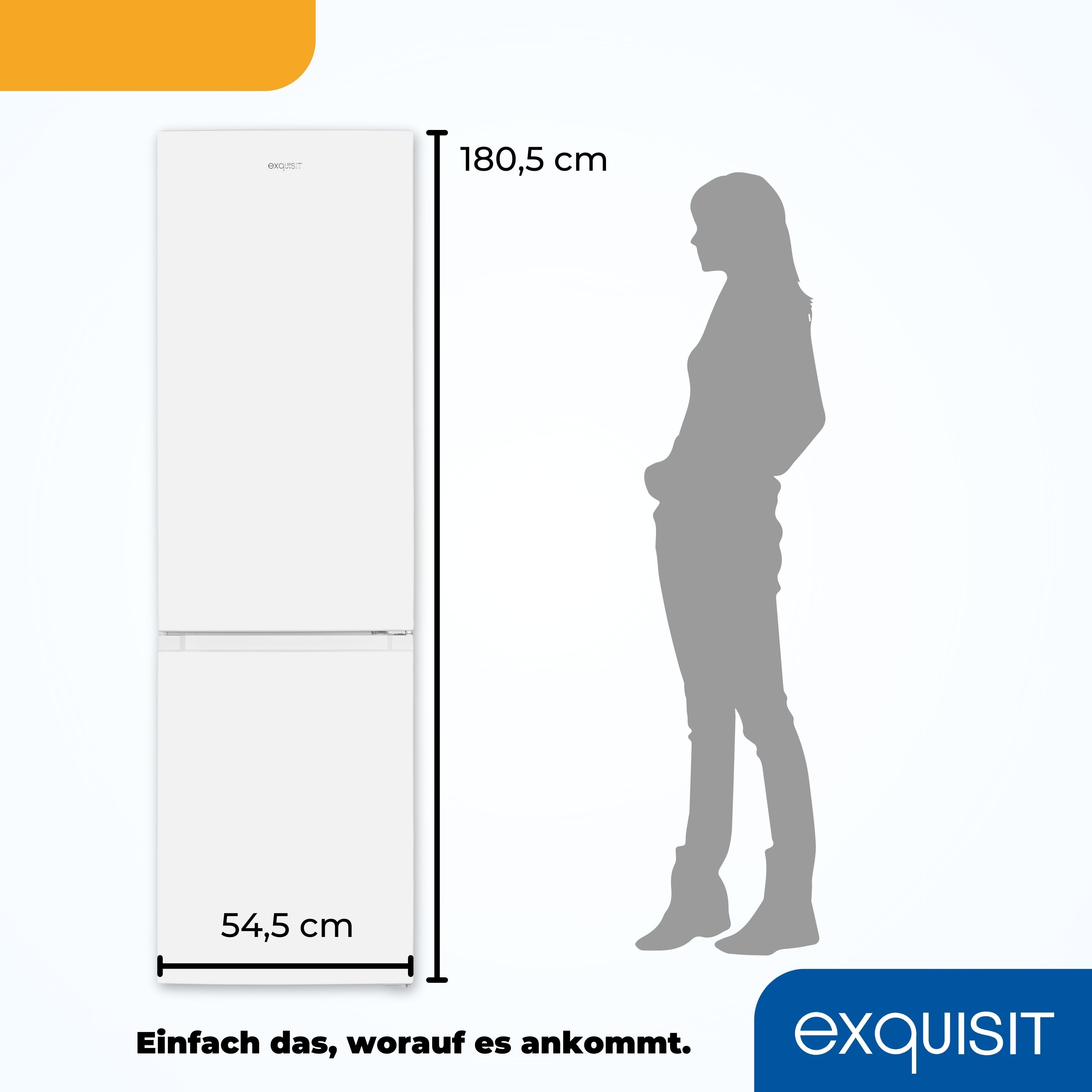 Ein weißer Kühlschrank mit einer Frauensilhouette. Es zeigt Höhen- und Breitenmessungen.