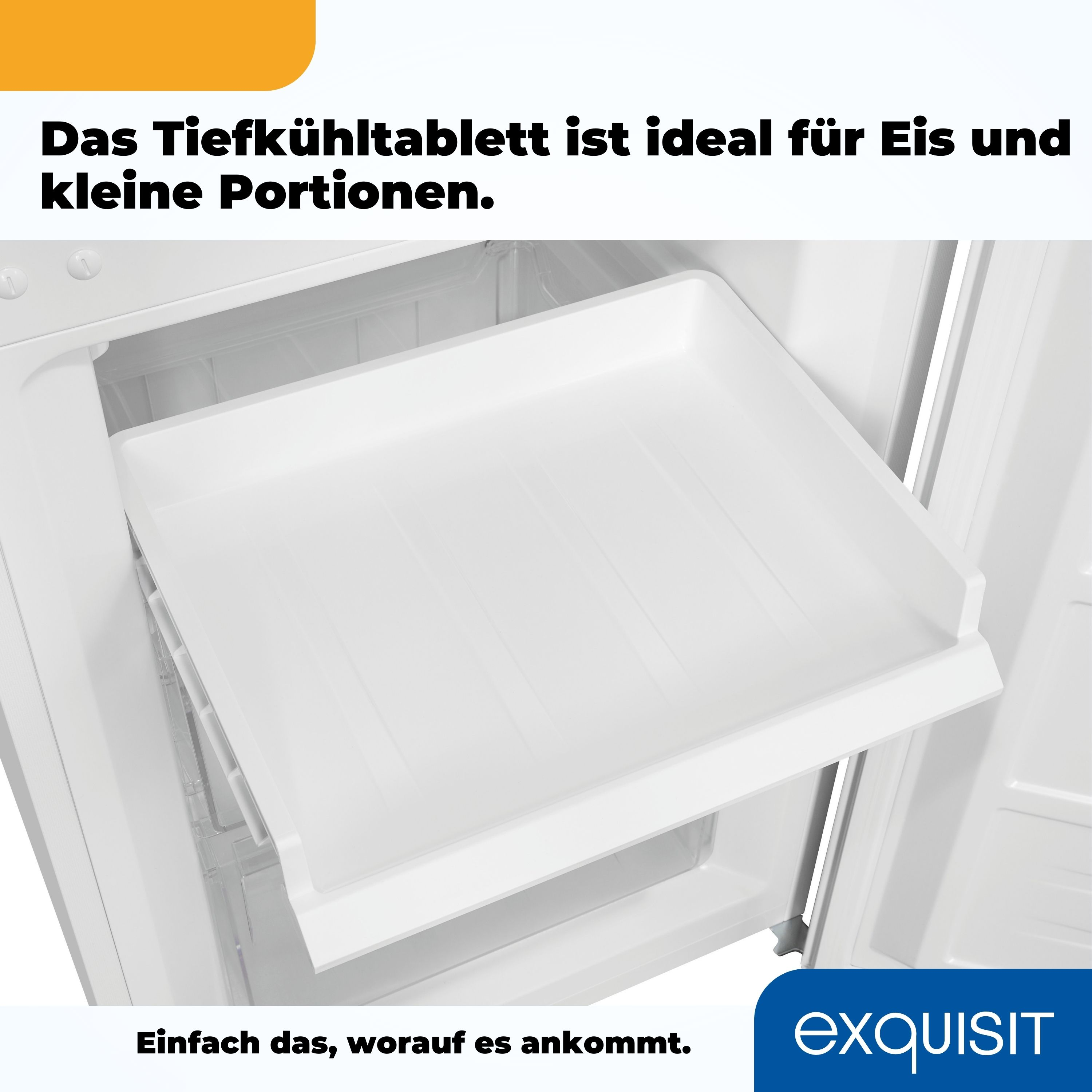 Weiße Gefrierschale mit leicht geöffneter Tür. Der Text auf Deutsch besagt, dass die Schale ideal für Eis und kleine Portionen ist.