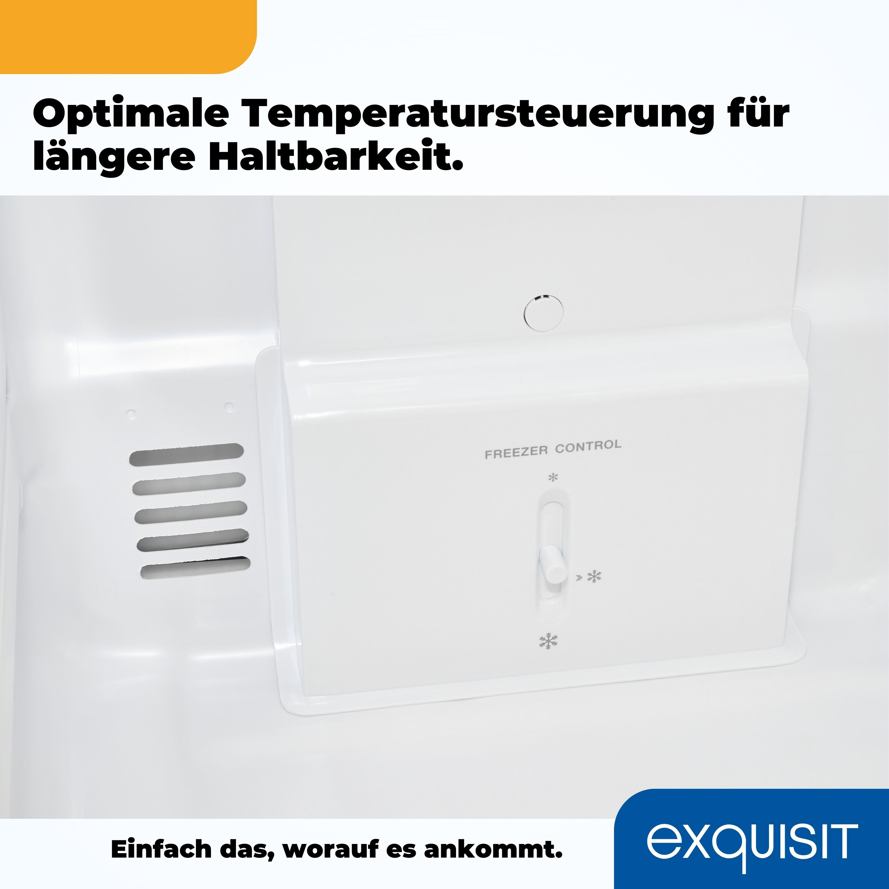 Ein weißer Gefrierraum mit Bedienfeld und Text zur Temperaturregelung.