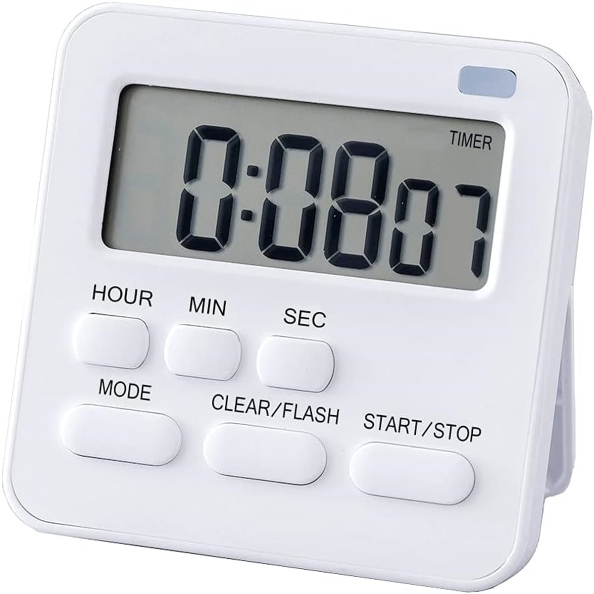 Weißer digitaler Küchentimer mit Tasten für Modus, Löschen und Start/Stopp. Das Display zeigt die Zeit.