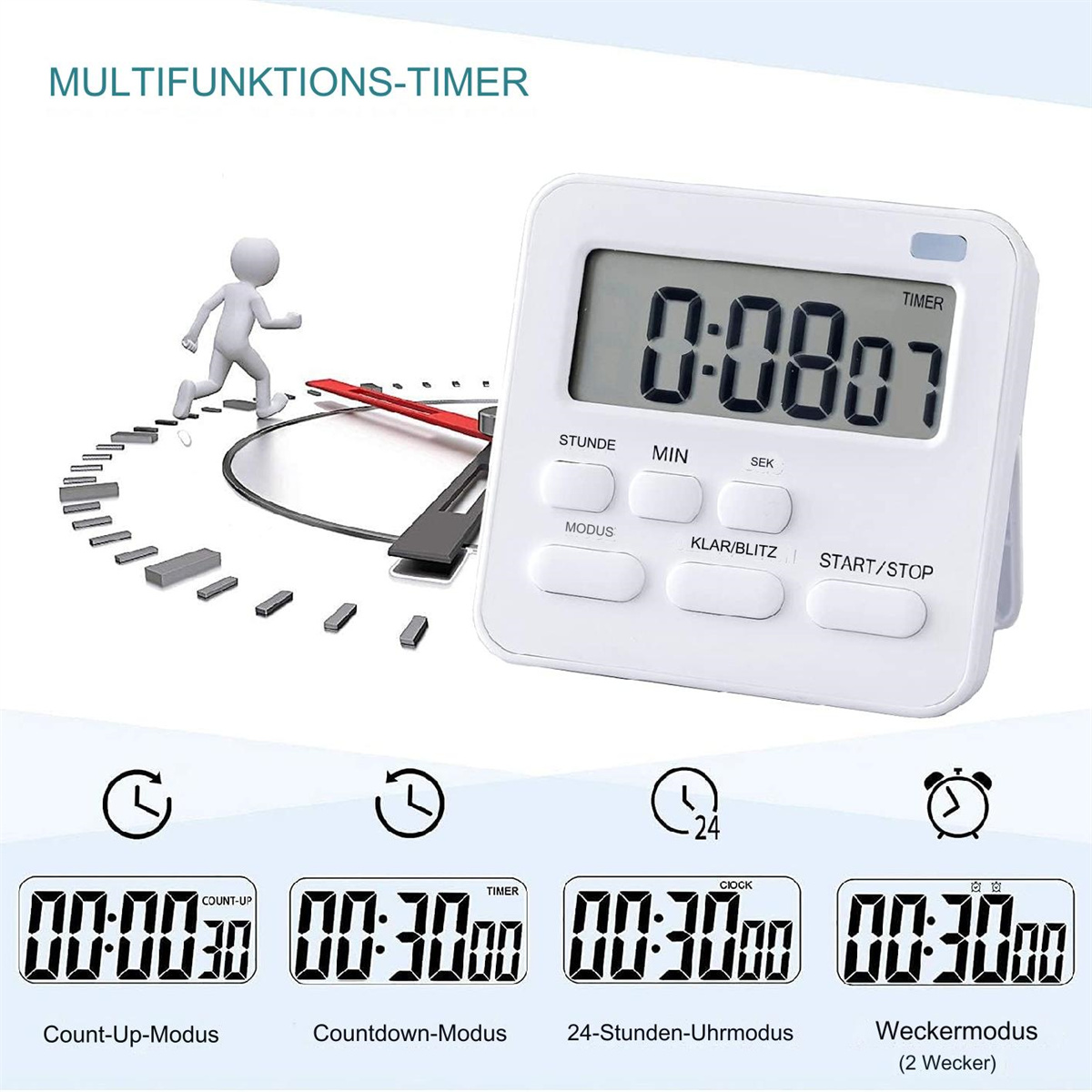 Ein weißer Timer mit digitaler Anzeige und vier kleineren Timer-Anzeigen darunter.