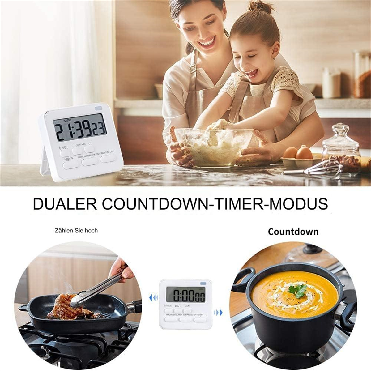 Timer in Gebrauch. Eine Frau und ein Mädchen kochen.