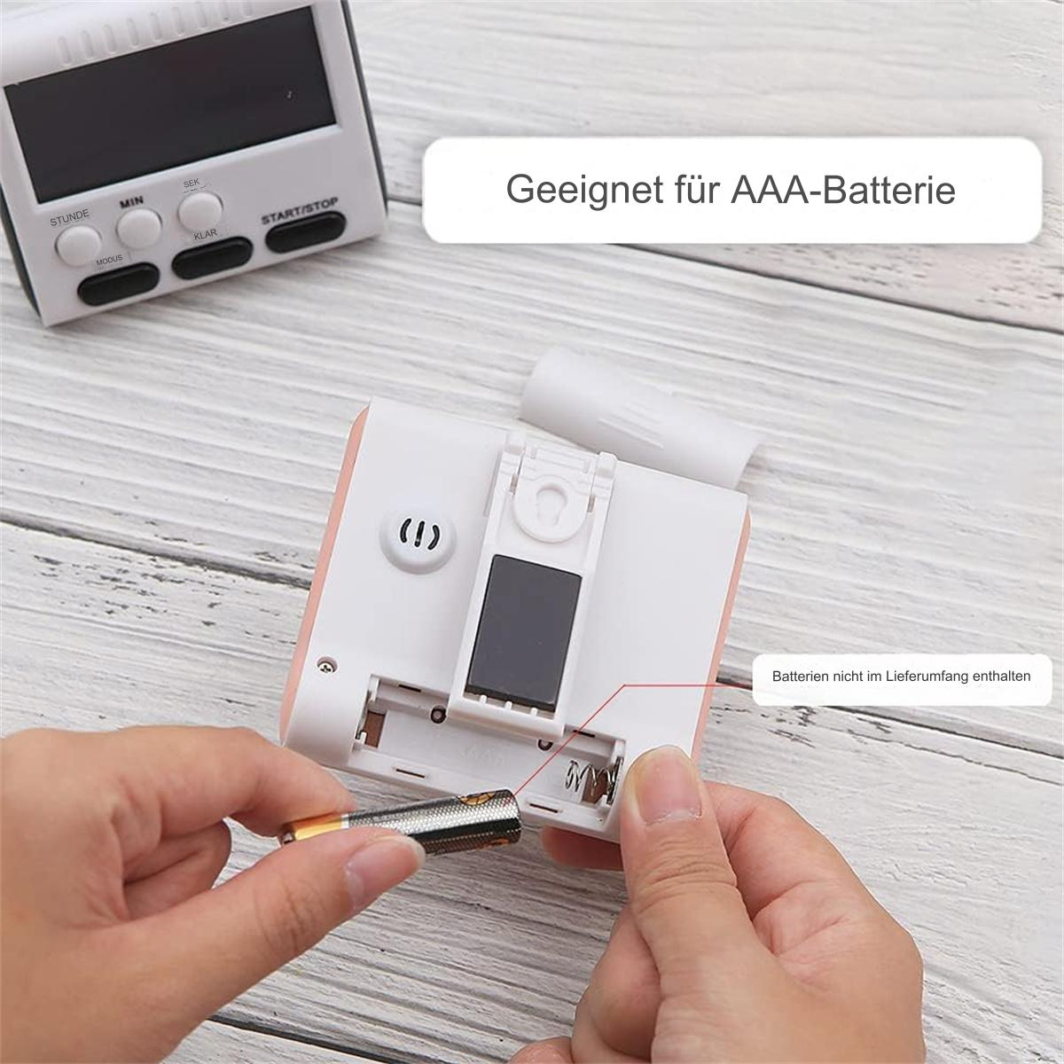 Hände halten einen digitalen Timer. Der Timer ist rosa und weiß, mit Knöpfen und einem offenen Batteriefach.