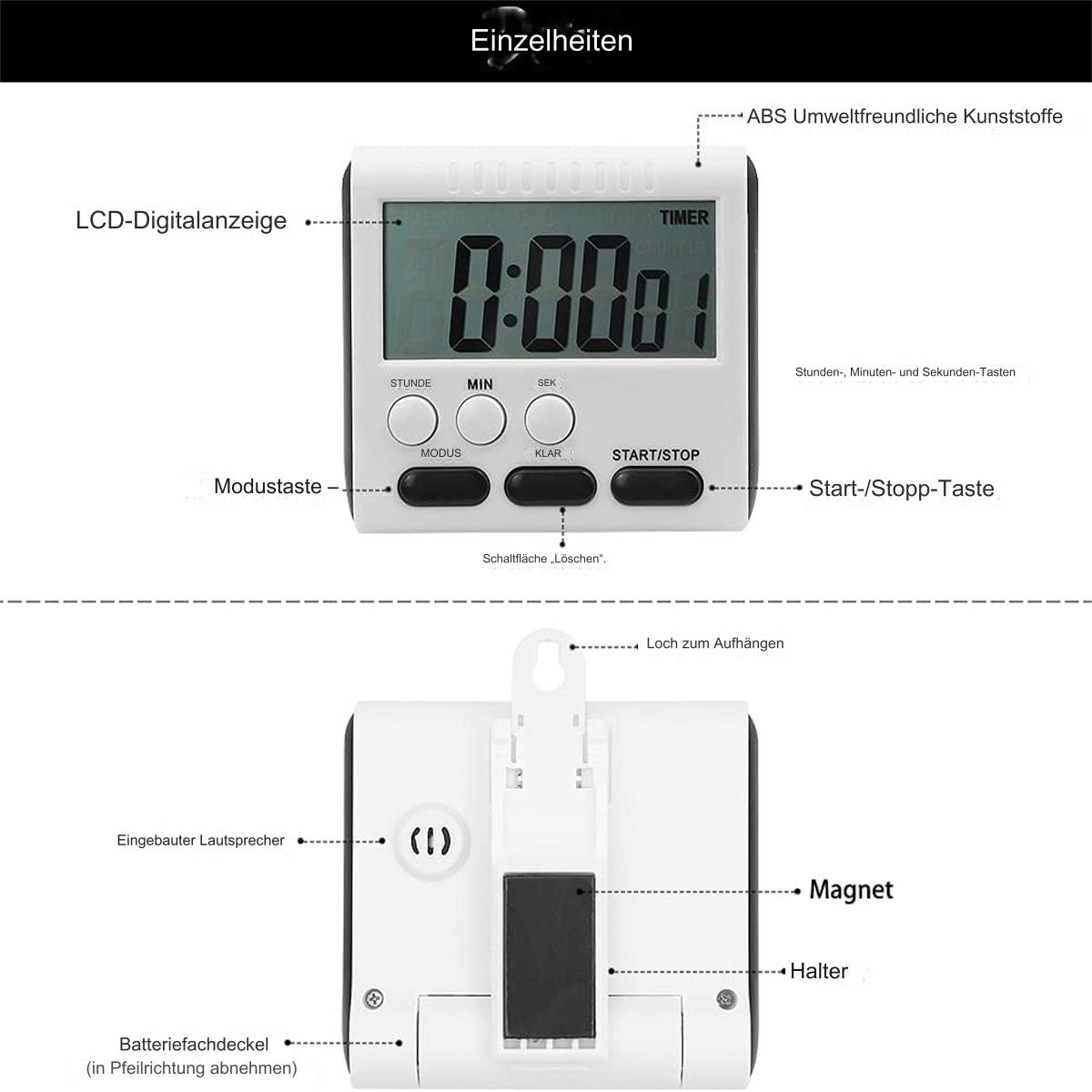 Digitaler Küchentimer mit beschrifteten Tasten und LCD-Anzeige, mit deutschen Annotationen.
