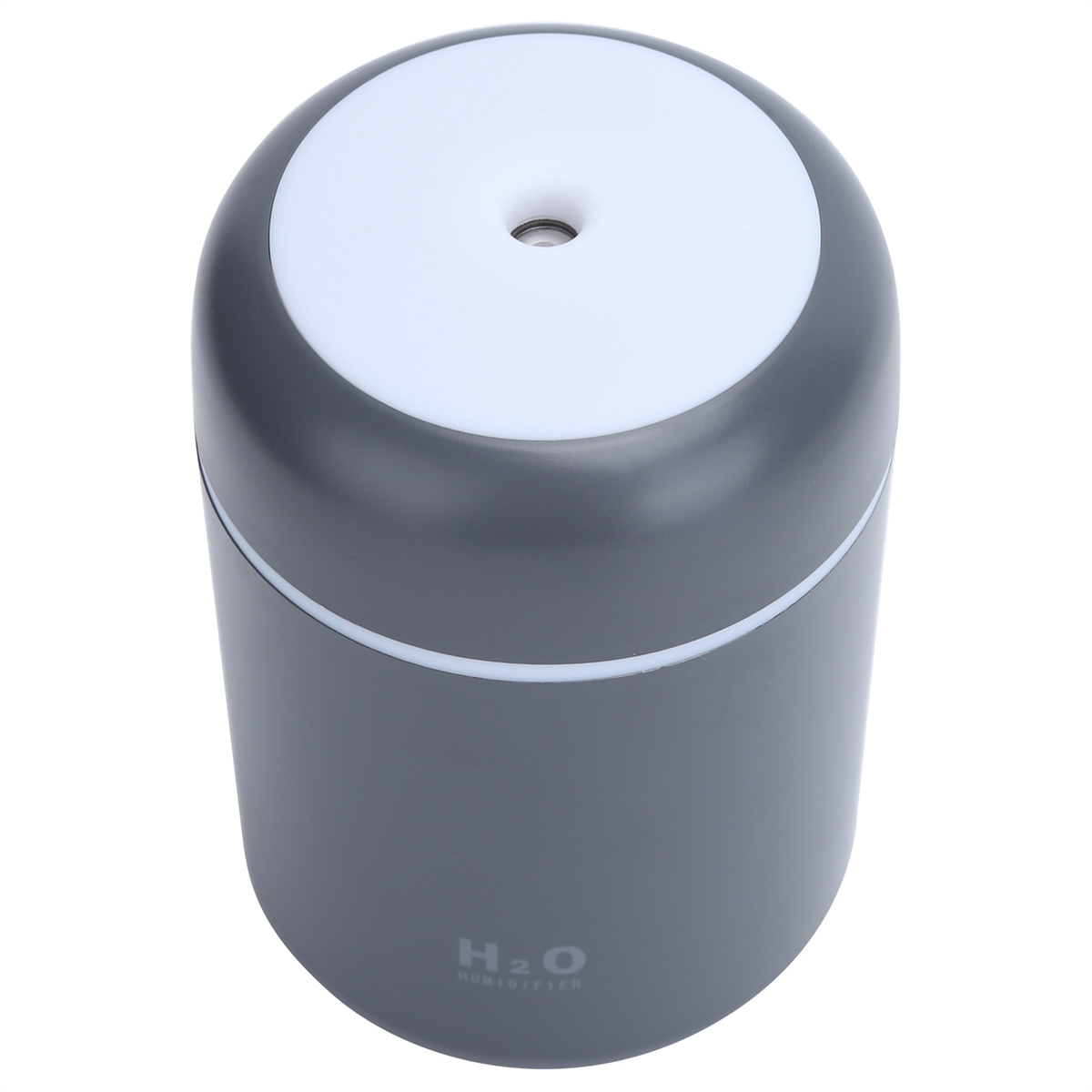 Ein zylindrischer grauer und weißer Luftbefeuchter. 'H2O HUMIDIFIER' ist unten aufgedruckt.