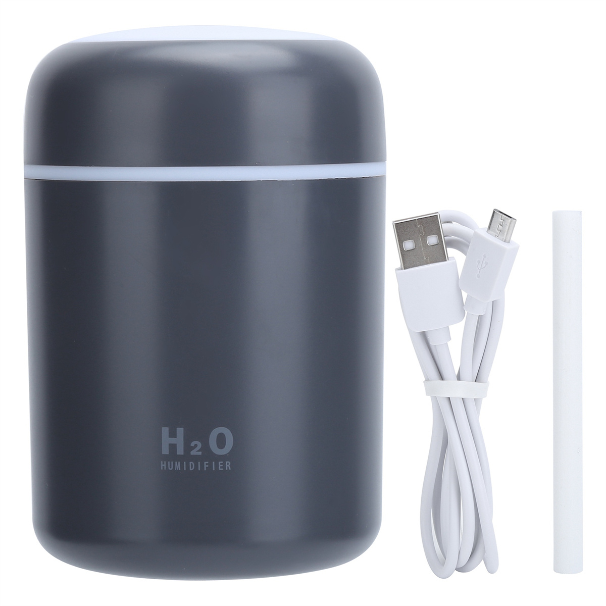 Dunkelgrauer Luftbefeuchter mit weißem USB-Kabel und einer weißen Stange. Das Etikett sagt H2O.