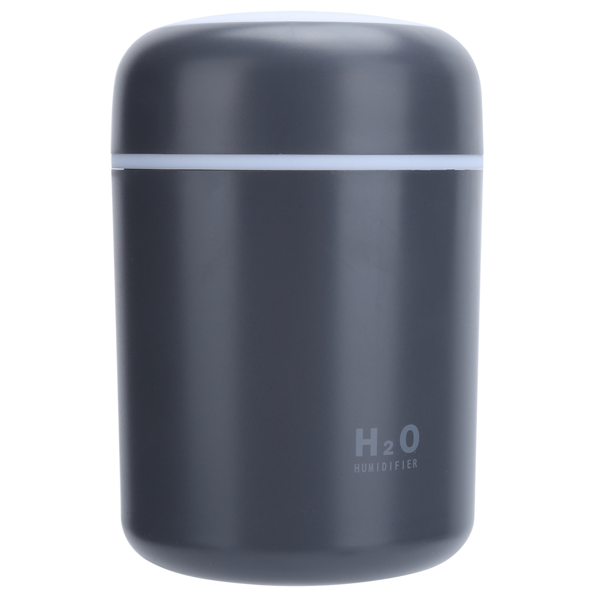 Dunkelgrauer Luftbefeuchter mit weißem Oberteil und dem Text 'H2O HUMIDIFIER'. Schlichtes Design.