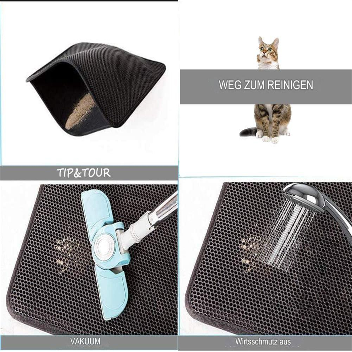Vier Bilder: Katzenstreumatte, Katze, Staubsaugen Matte und Matte mit Wasser. Weißer Hintergrund.