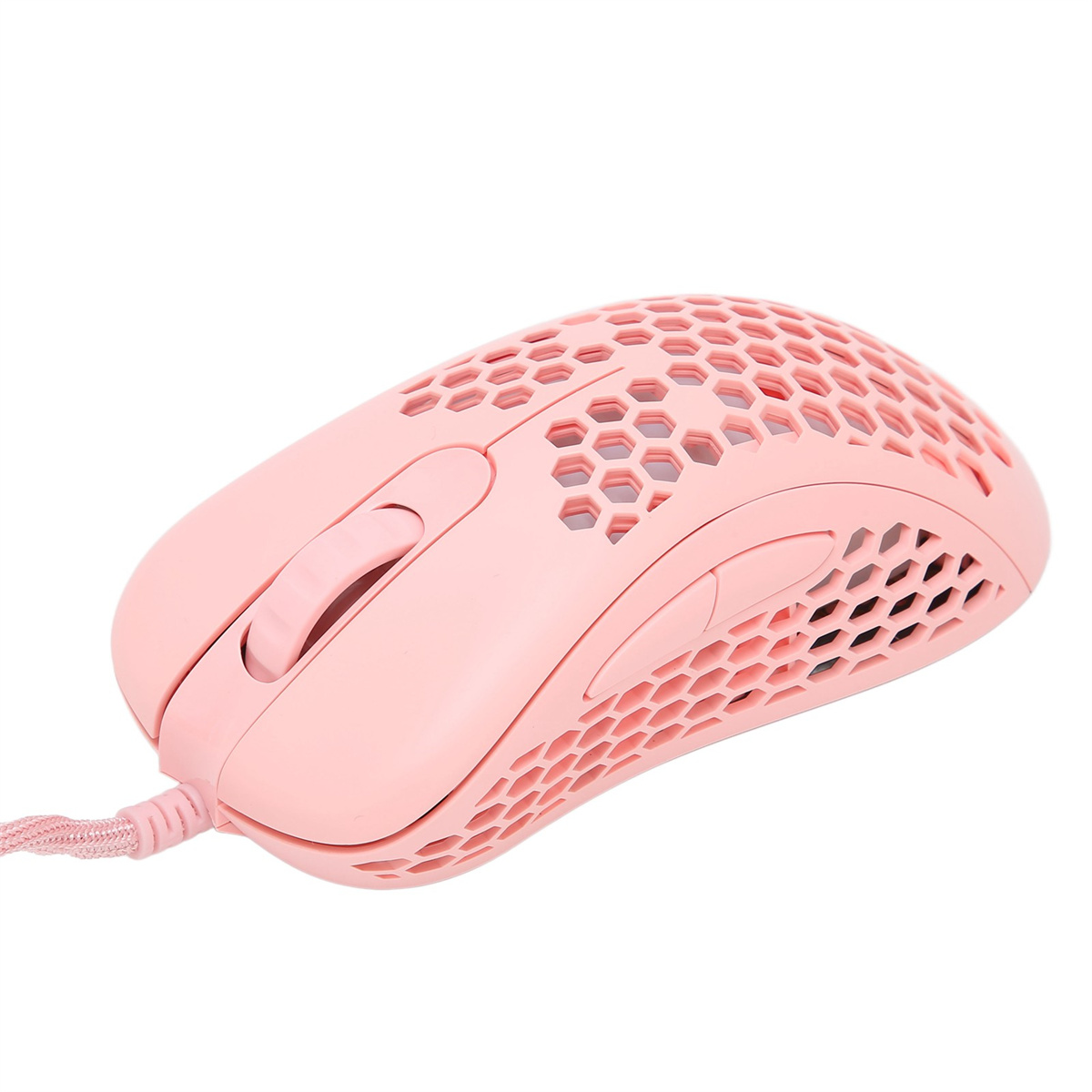 Eine rosa Gaming-Maus mit Wabenmuster. Sie hat ein Scrollrad und Seitentasten.