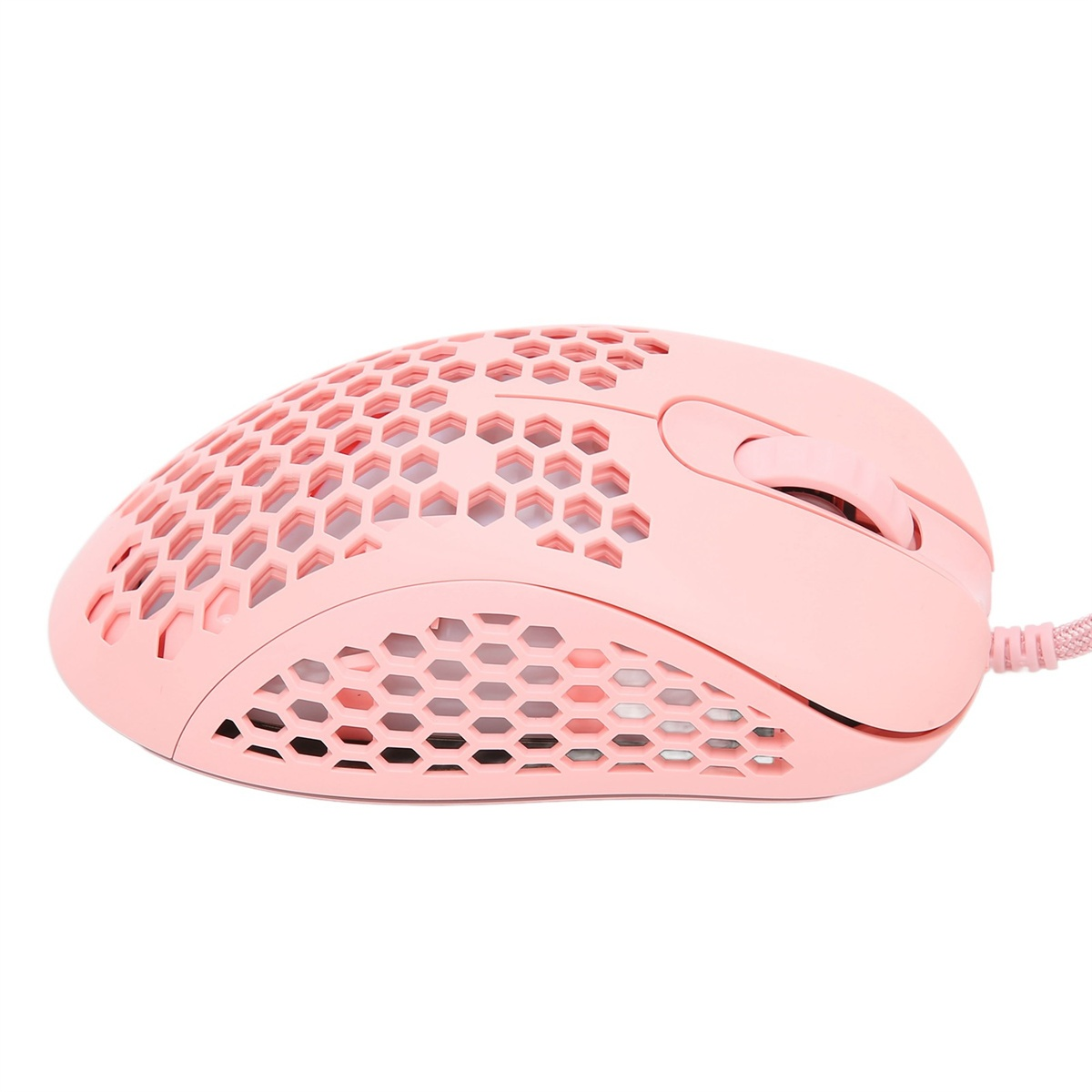 Eine rosa Gaming-Maus mit Wabenmuster und kabelgebundenem Anschluss.