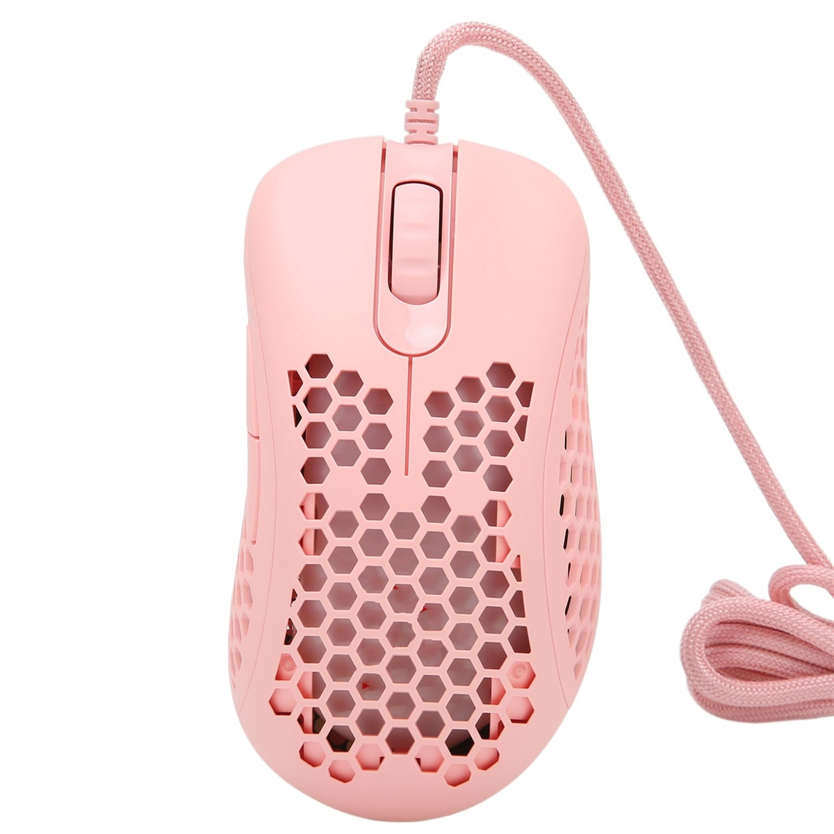Pinke Gaming-Maus mit Wabenmuster und pinkem Kabel.