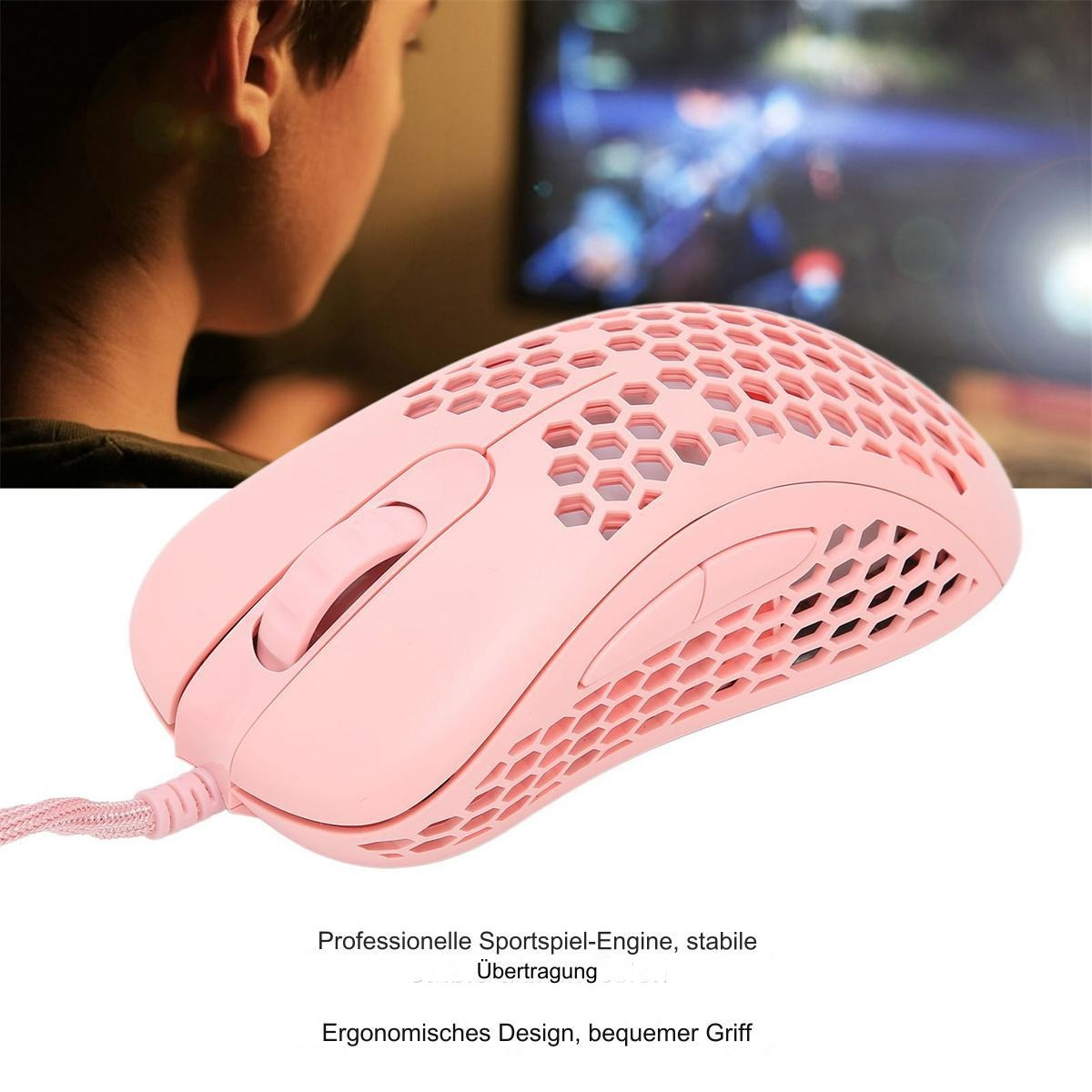 Rosa Gaming-Maus mit Wabenmuster, die von einer Person benutzt wird.