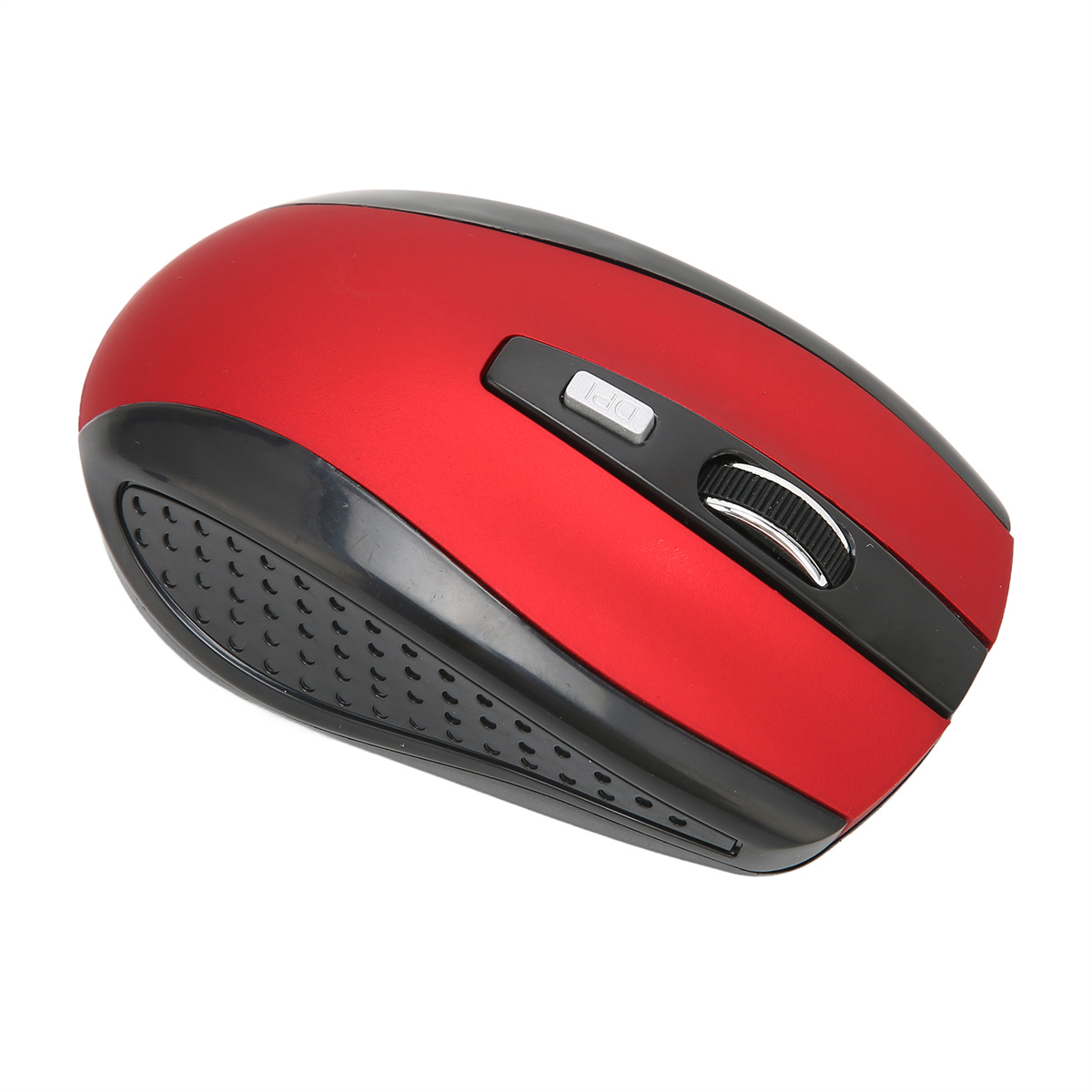 Eine rote und schwarze kabellose Computermaus mit einem Scrollrad und Tasten wird gezeigt.