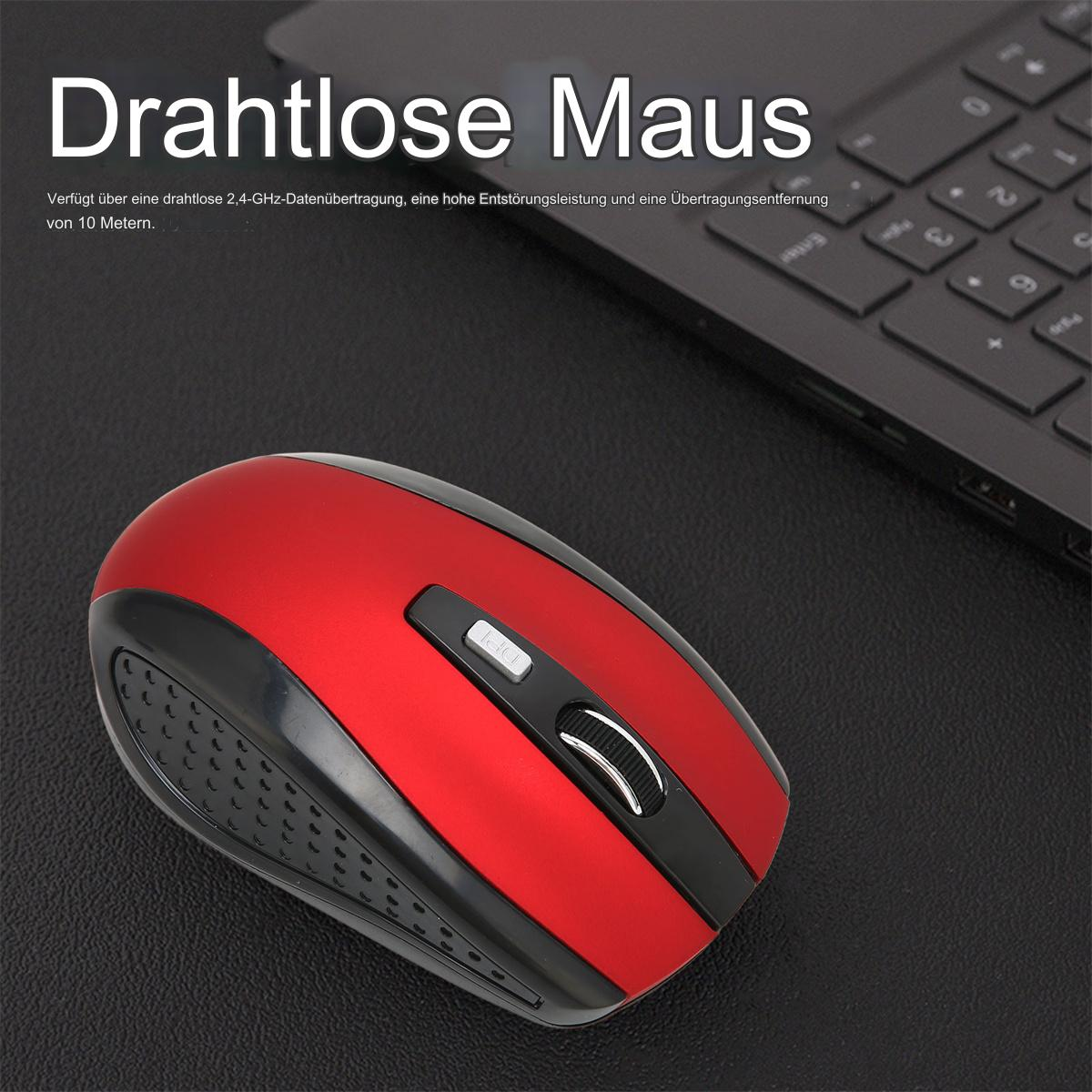 Eine rot-schwarze kabellose Maus auf schwarzem Untergrund, mit Laptop-Tastatur im Hintergrund.