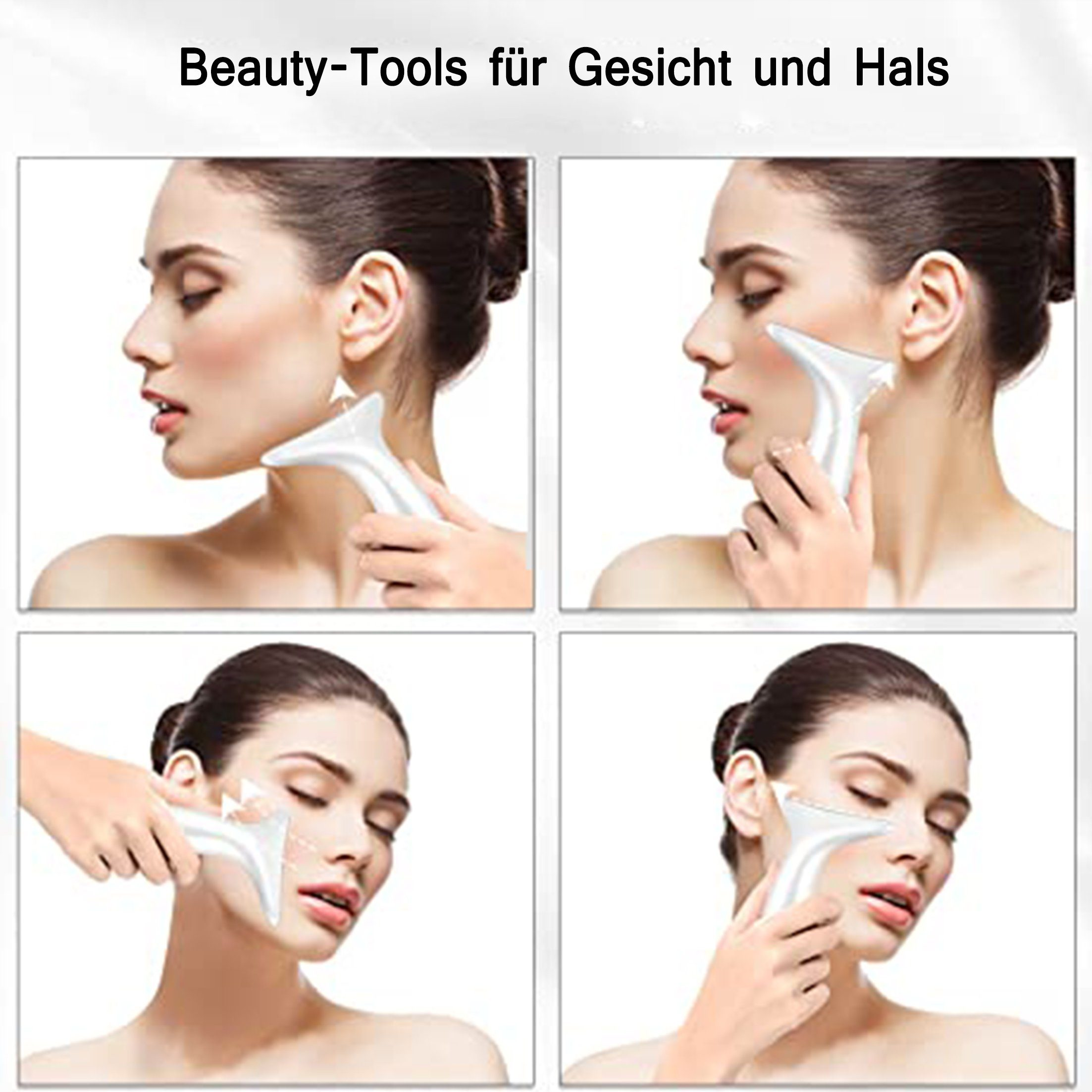 Vier Bilder, die eine Frau zeigen, die ein Gesichtsmassagegerät auf ihrem Gesicht verwendet. Schönheitstools gezeigt.