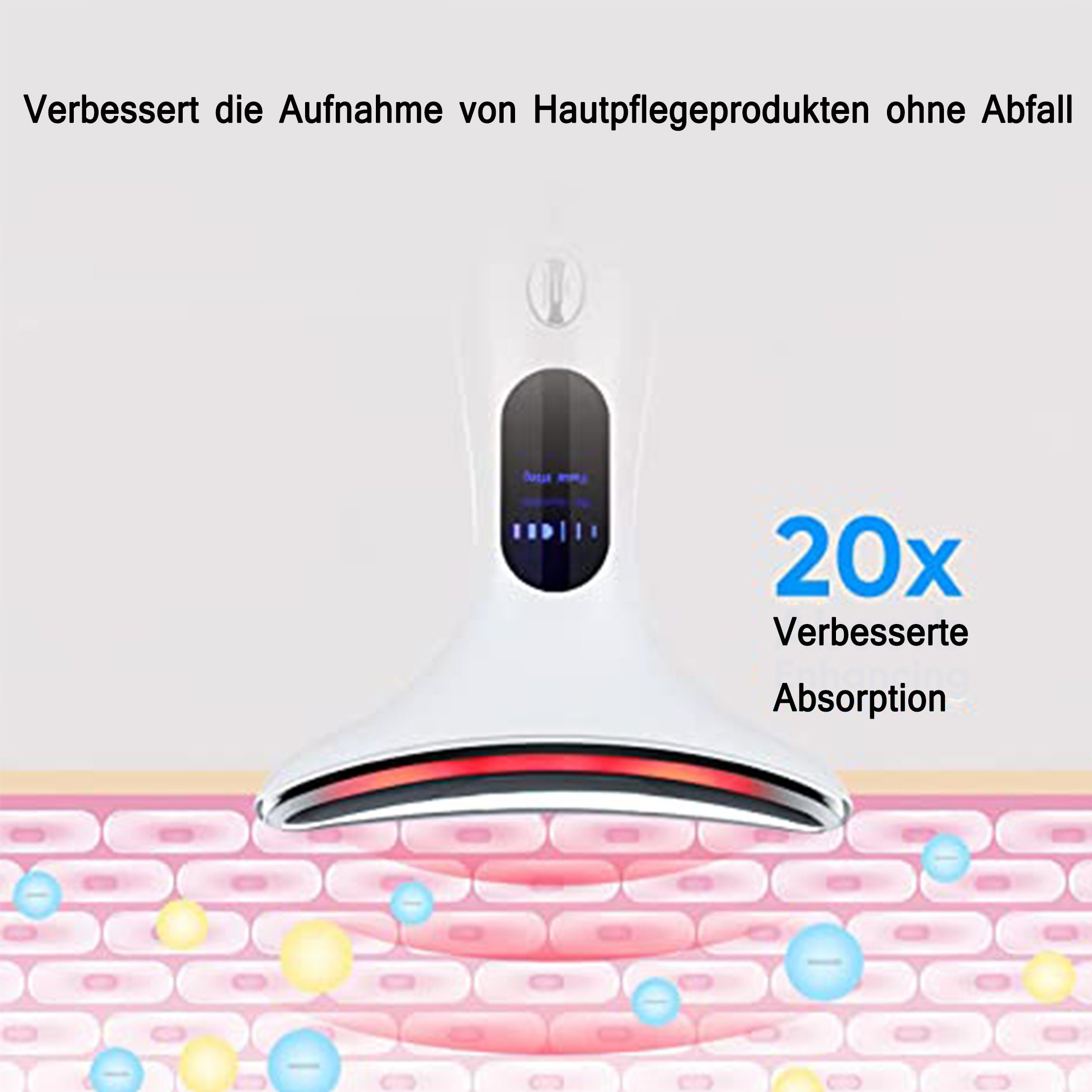 Weißes Schönheitsgerät. Text: Verbessert die Aufnahme von Hautpflegeprodukten. 20x verbesserte Absorption. Pinke Hautzellen.