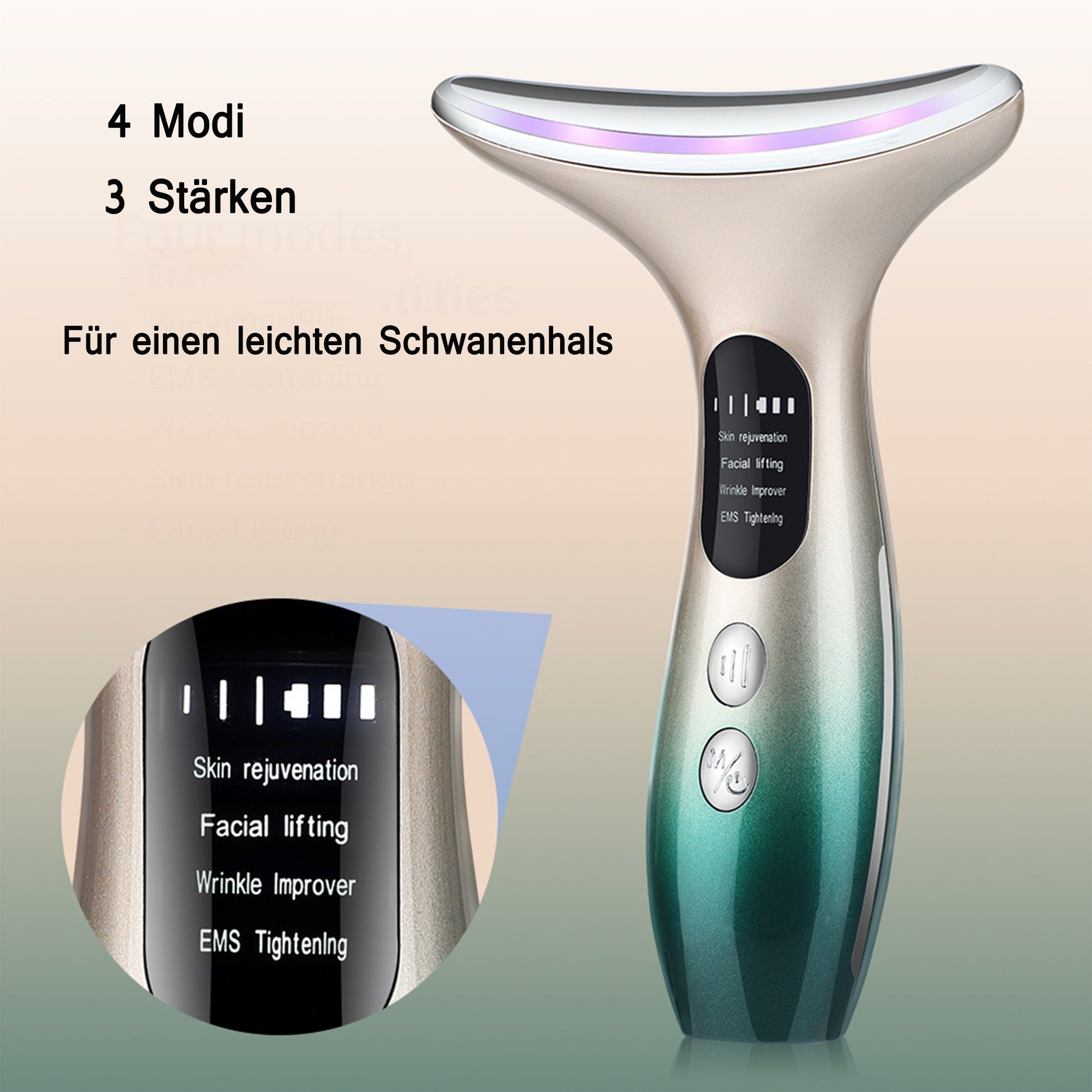 Gesichtsgerät. Es hat ein Display, drei Stärken und vier Modi zur Hautverjüngung, zum Lifting und zur Faltenreduzierung.