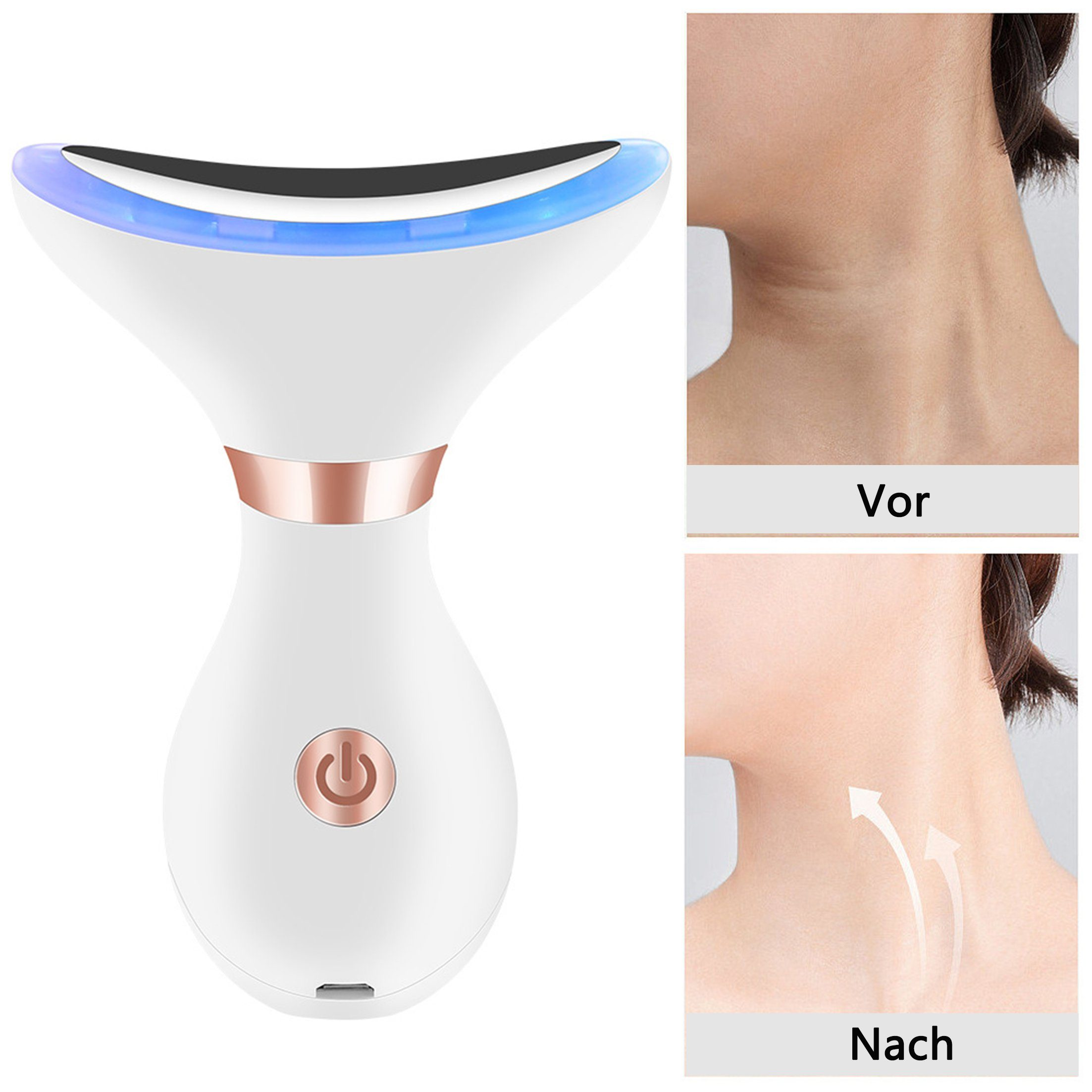 Ein weißes Nackenmassagegerät mit blauem Licht, das Vorher-Nachher-Haut zeigt.