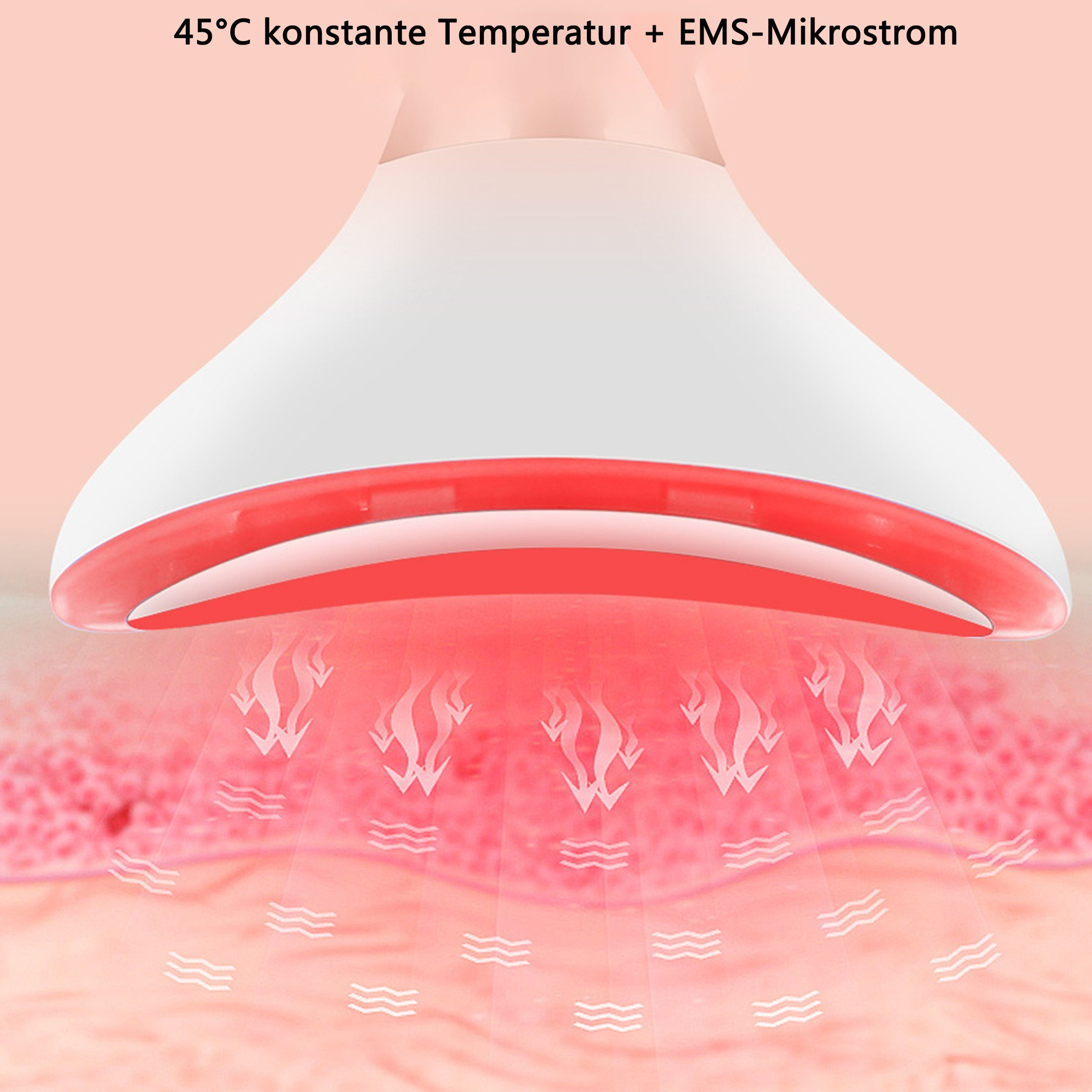 Weiß-rotes Schönheitsgerät, das rotes Licht auf die Haut ausstrahlt. Text sagt 45°C & EMS.
