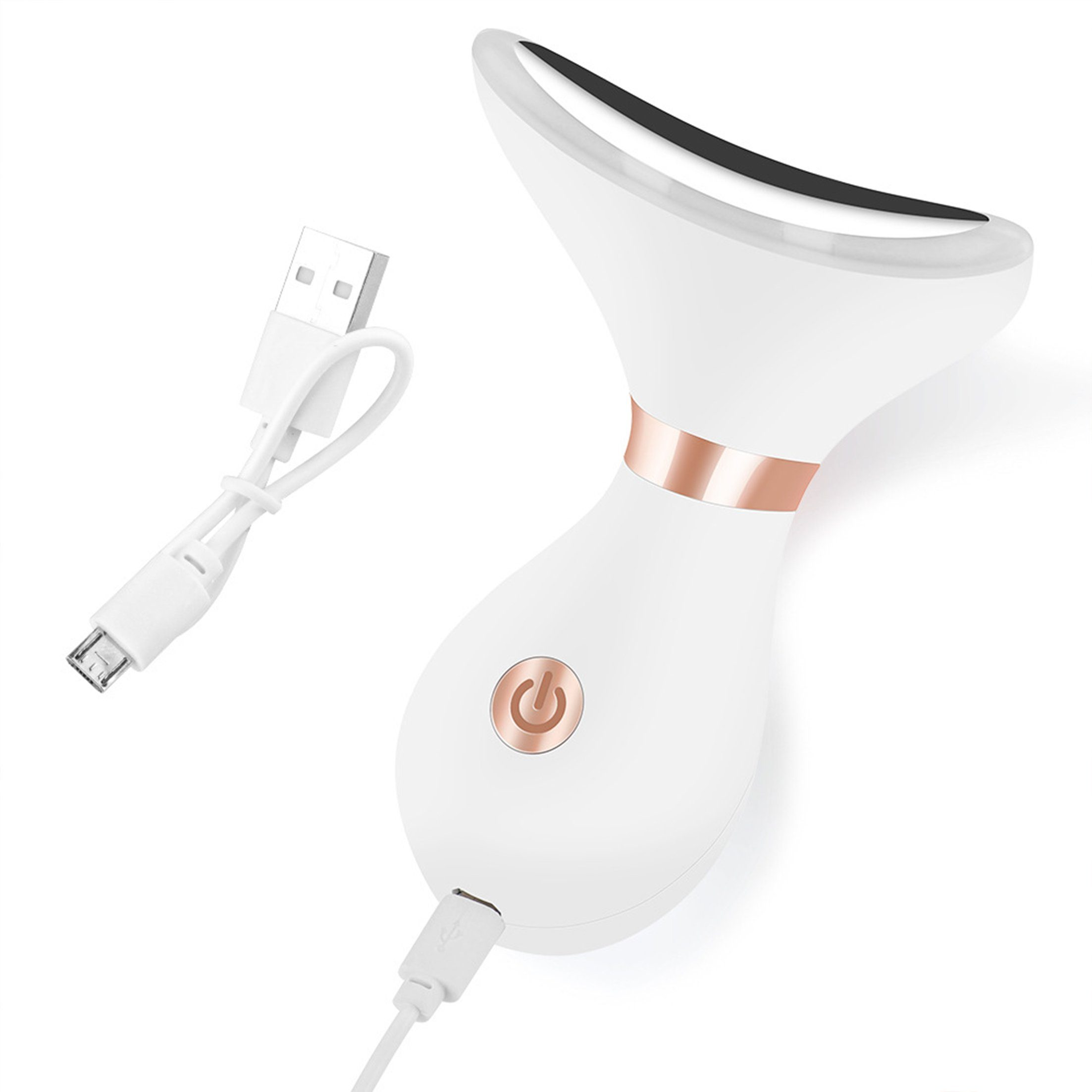 Weißes Schönheitsgerät mit roségoldenem Band und Ein-/Aus-Taste, mit USB-Kabel verbunden.