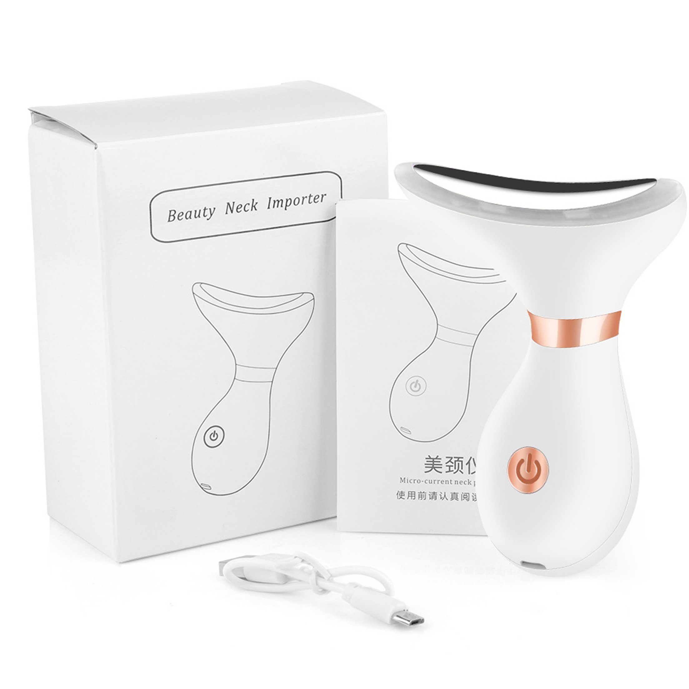 Weißes Beauty-Neck-Importer-Gerät mit Box und Ladekabel. Die Box hat Text.