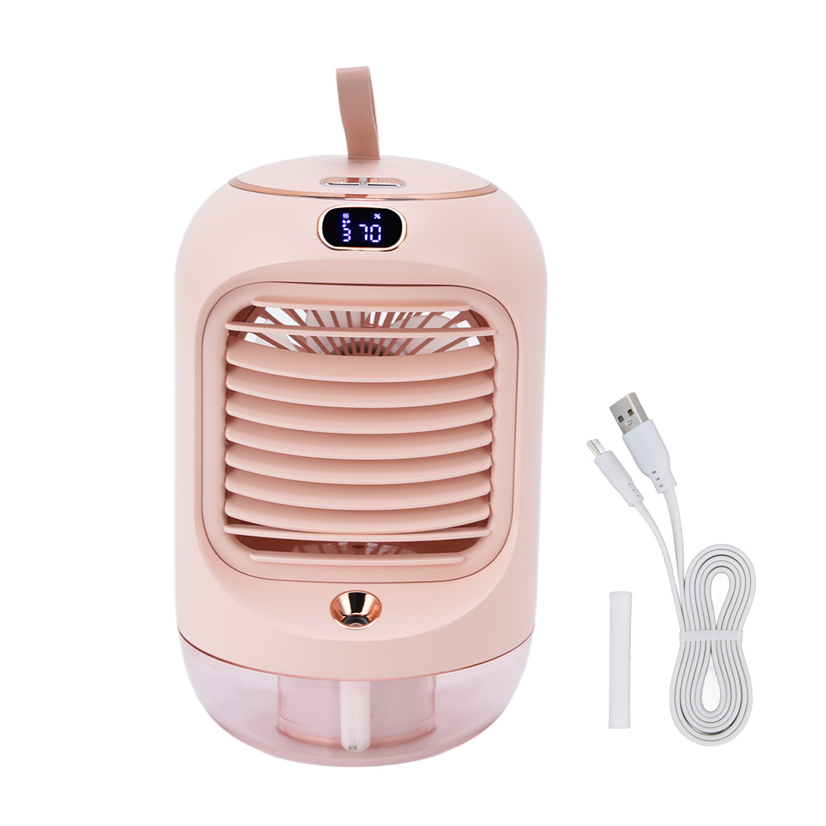 Rosa tragbarer Luftkühler mit USB-Kabel. Zu den Merkmalen gehören Lüfterflügel und ein LED-Display.