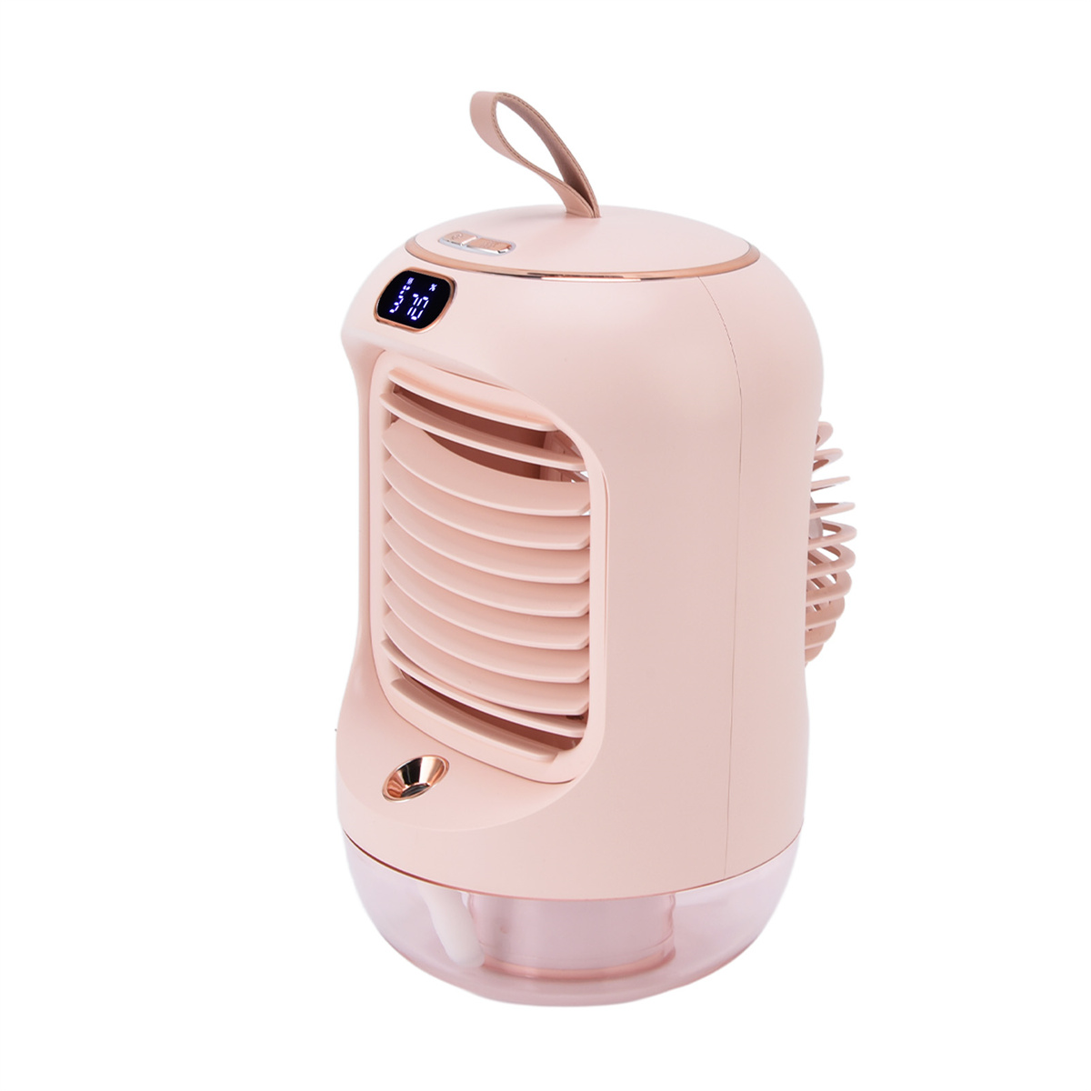 Ein rosa Luftkühler mit Griff und Display, einem transparenten Wassertank und einem weißen Hintergrund.