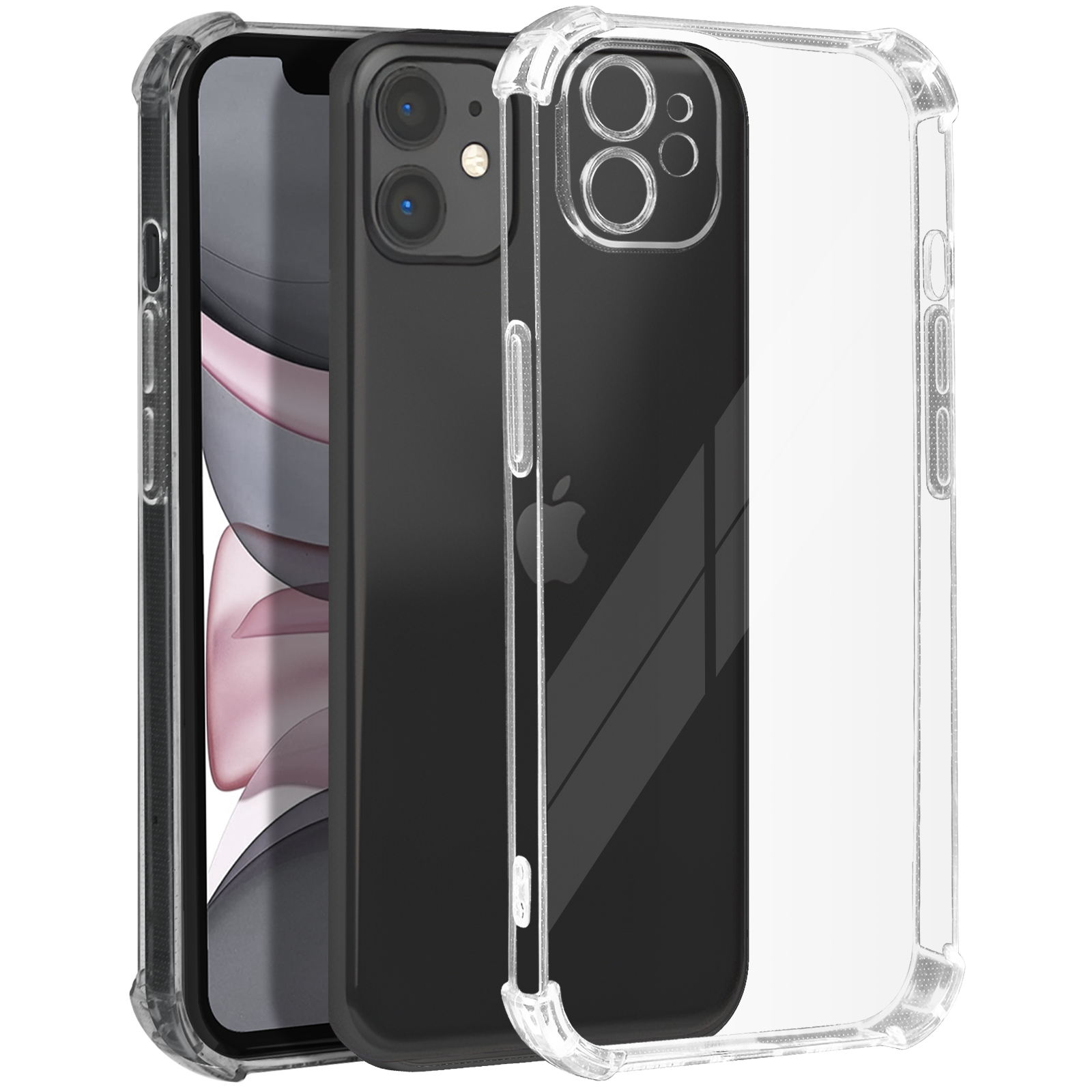 iPhone nero in custodia. Una custodia trasparente è dietro. Lo sfondo è bianco.