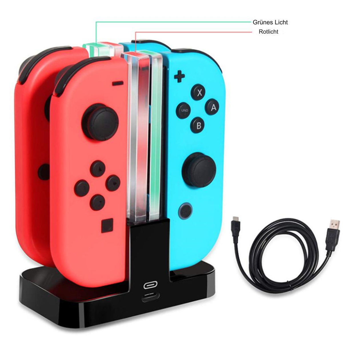 Rote und blaue Gamecontroller in einer schwarzen Ladestation mit einem USB-Kabel.