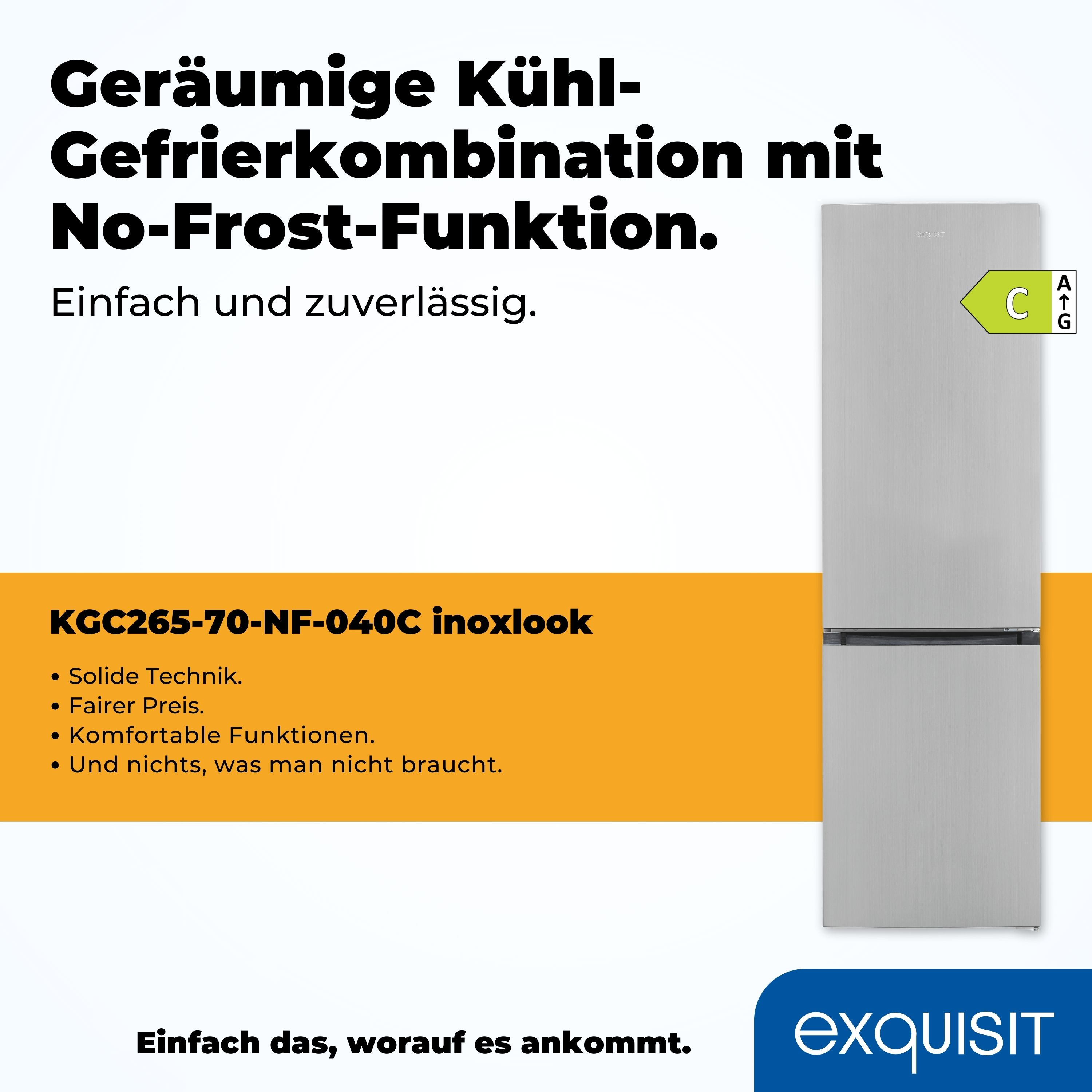 Ein silberner Kühlschrank mit Text und Werbeinformationen.