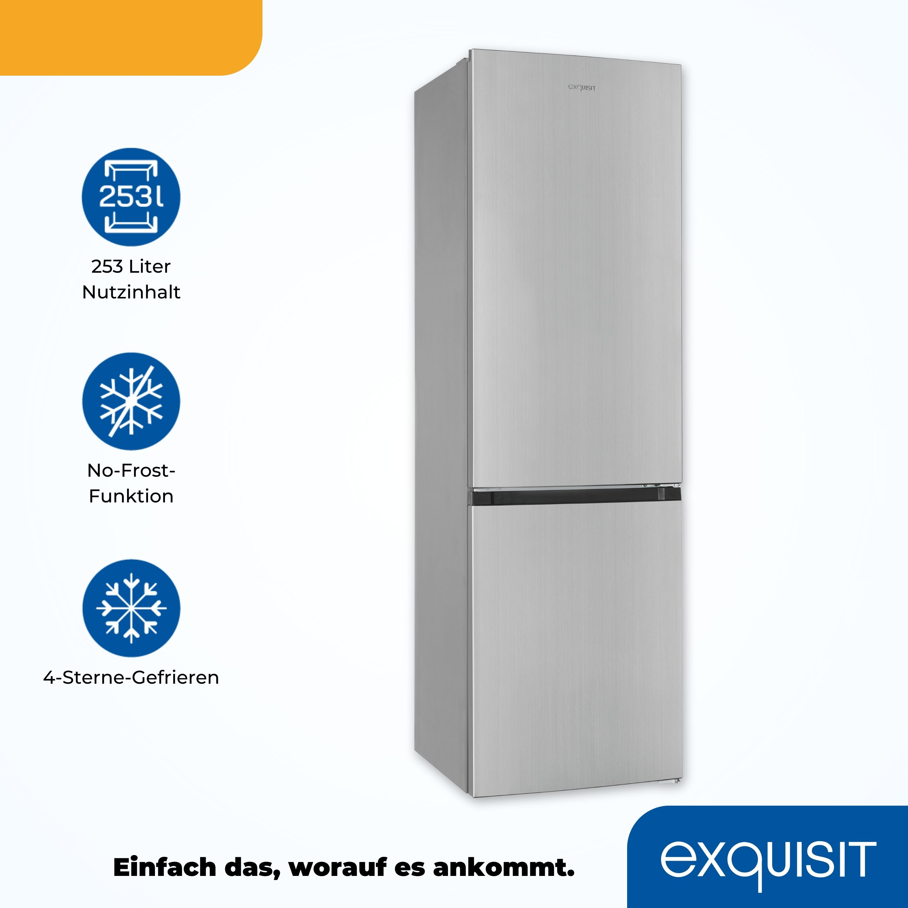 Edelstahl-Kühlschrank mit zwei Türen. Blaue Schneeflocken-Icons und Text darunter. Weißer Hintergrund.