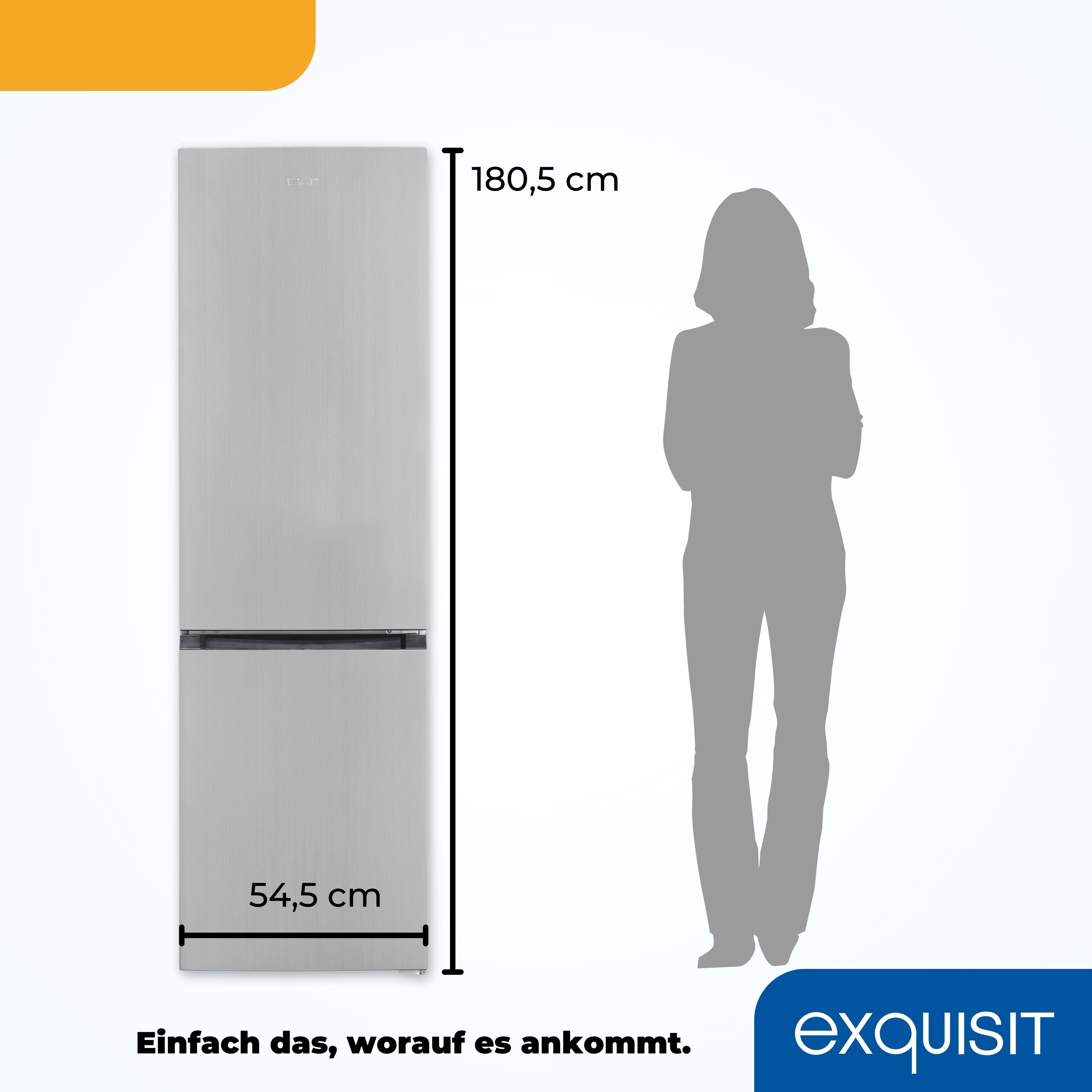 Ein silberner Kühlschrank mit einer Frauensilhouette daneben. Maße sind angegeben.