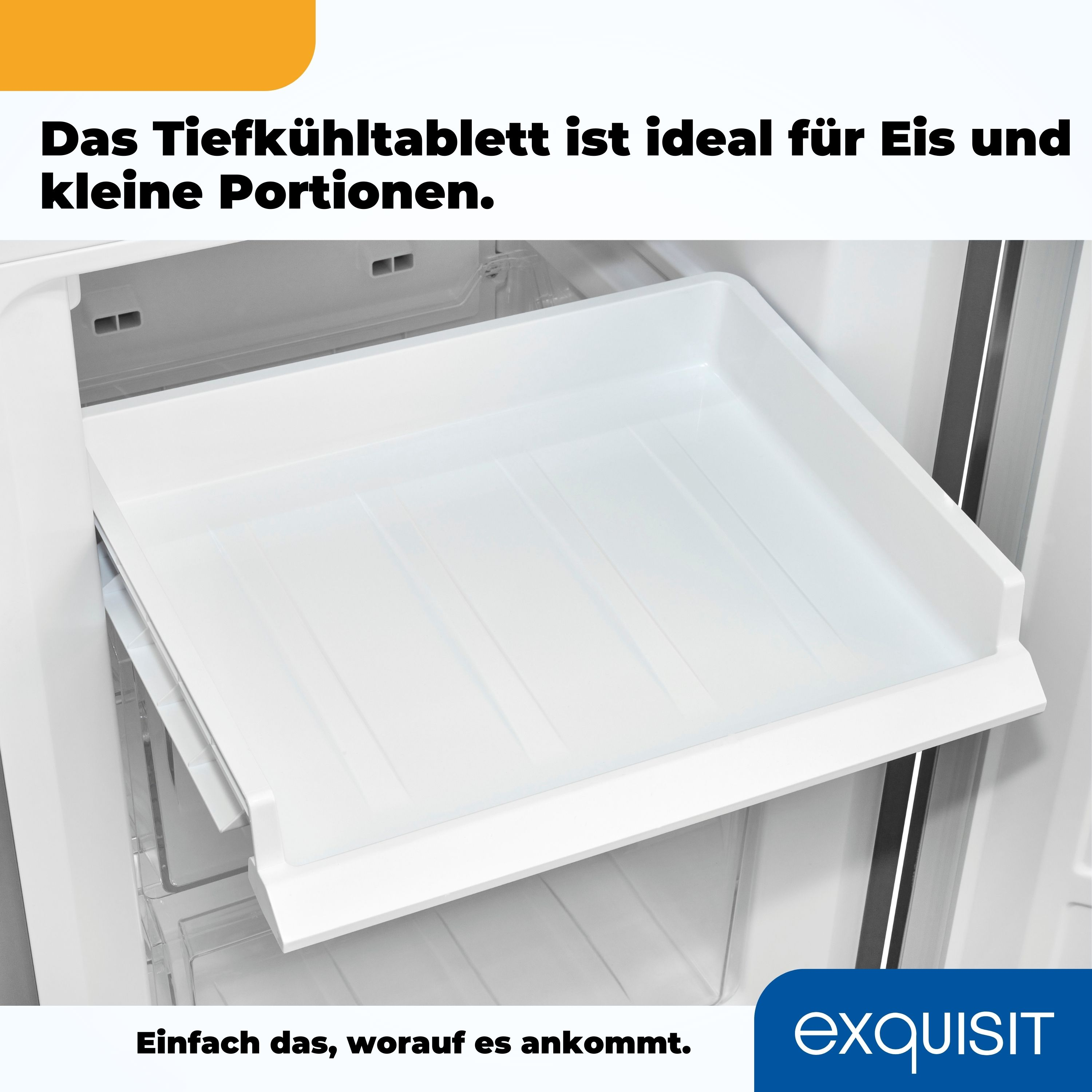 Weißes Kühlschrankfach mit deutschem Text. Das Fach ist aus dem Kühlschrank gezogen.