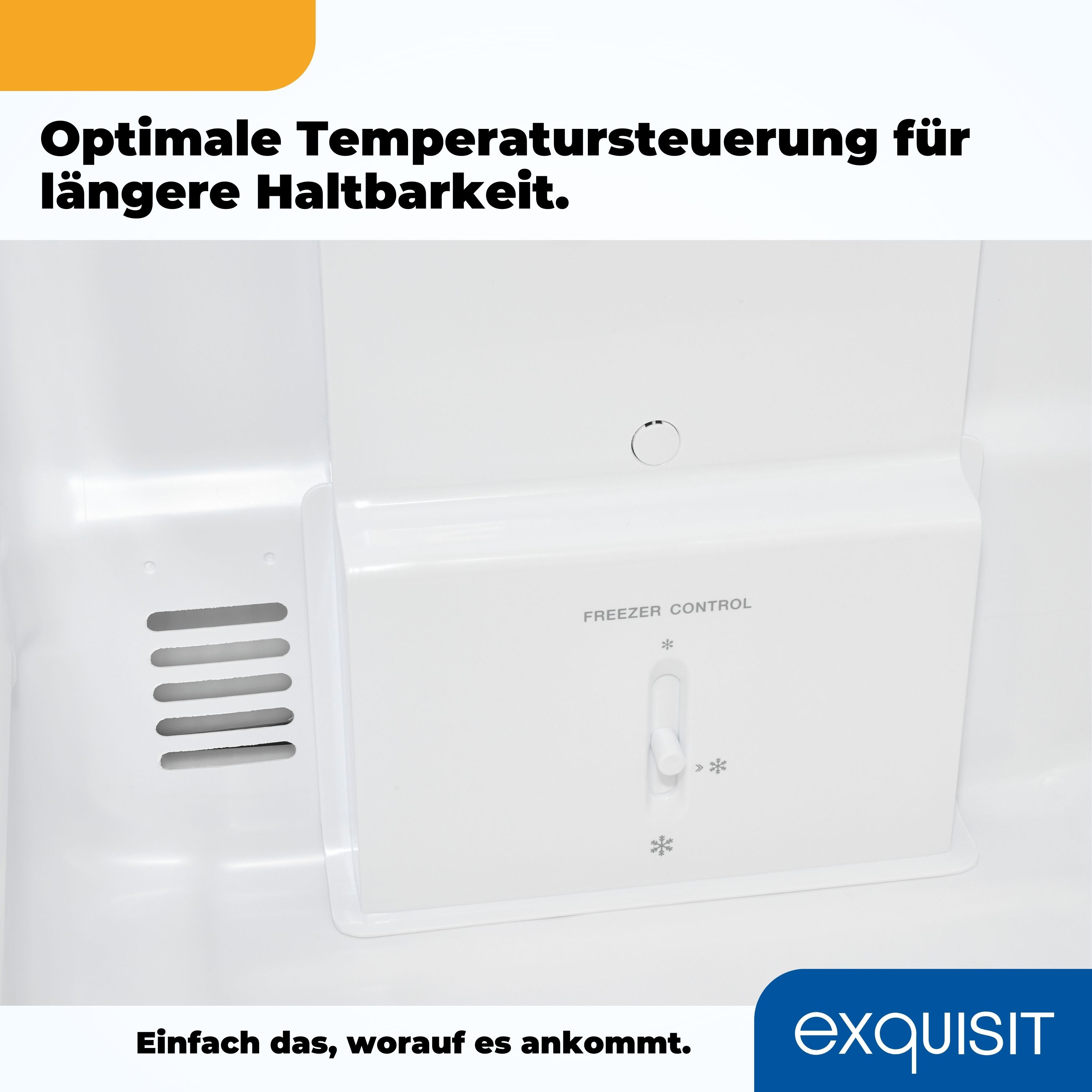 Im Inneren eines weißen Kühlschranks mit Gefrierregler. Der Text auf dem Bedienfeld lautet 'Gefrierregler'.