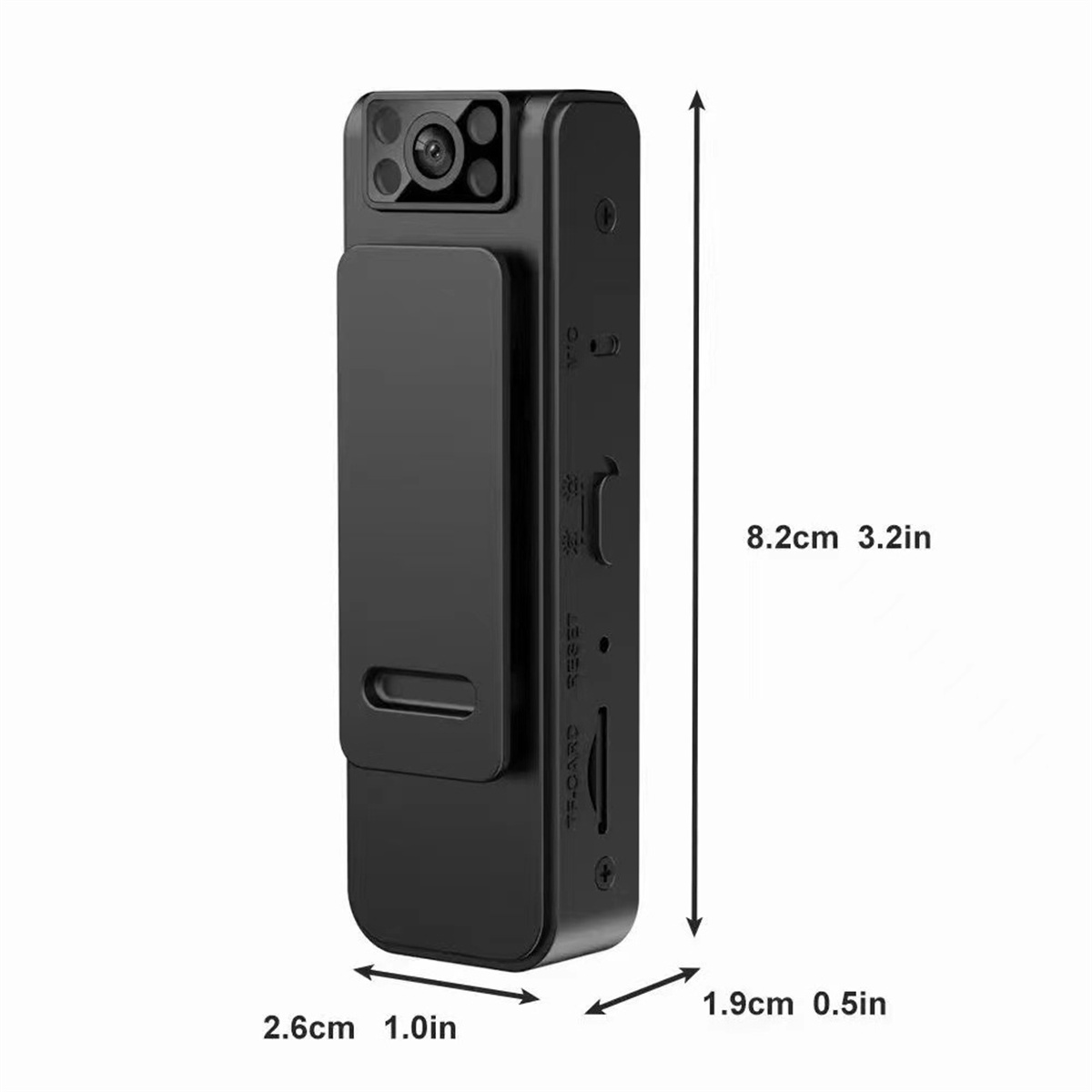 Eine schwarze Mini-Kamera mit Abmessungen und Anschlüssen, mit Clip auf der Rückseite.
