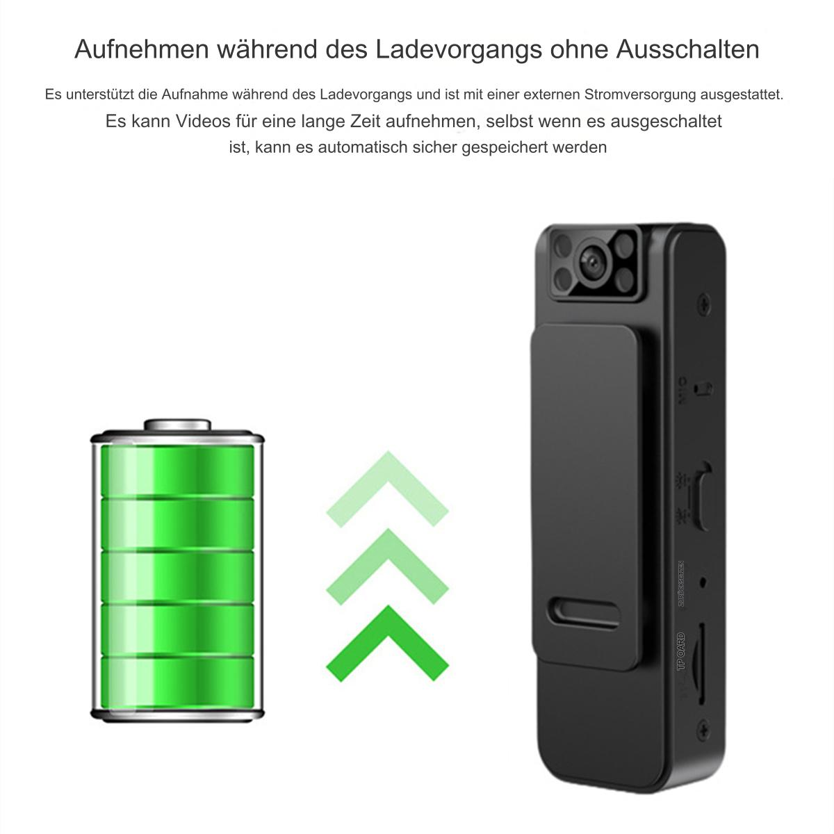 Eine schwarze Mini-Kamera und ein Akkusymbol mit nach oben zeigenden Pfeilen. Ein grünes Akkusymbol wird ebenfalls angezeigt.