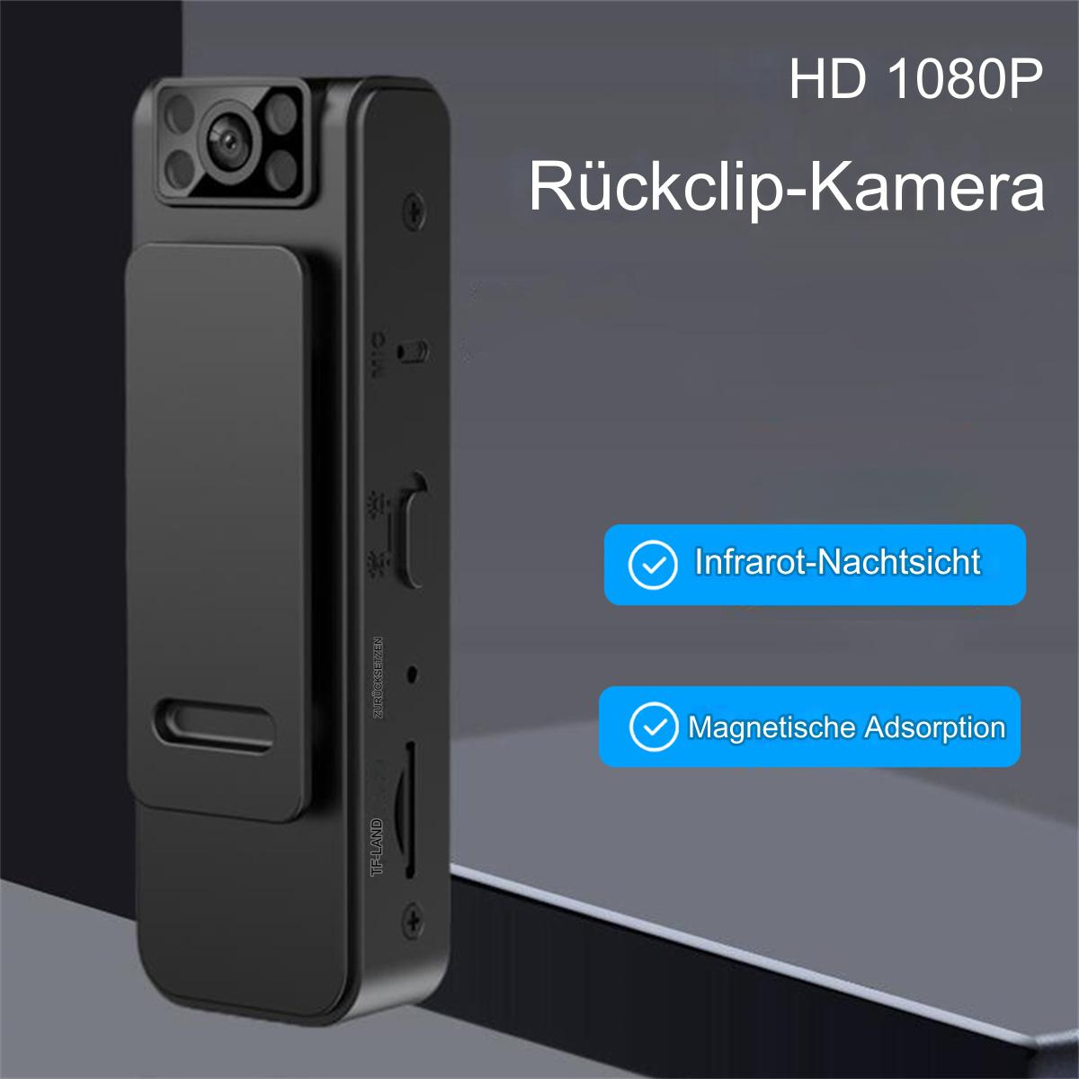 Schwarze Minikamera mit Text: HD 1080P, Rückclip-Kamera, Infrarot-Nachtsicht und Magnetische Adsorption. Sie hat einen Clip.