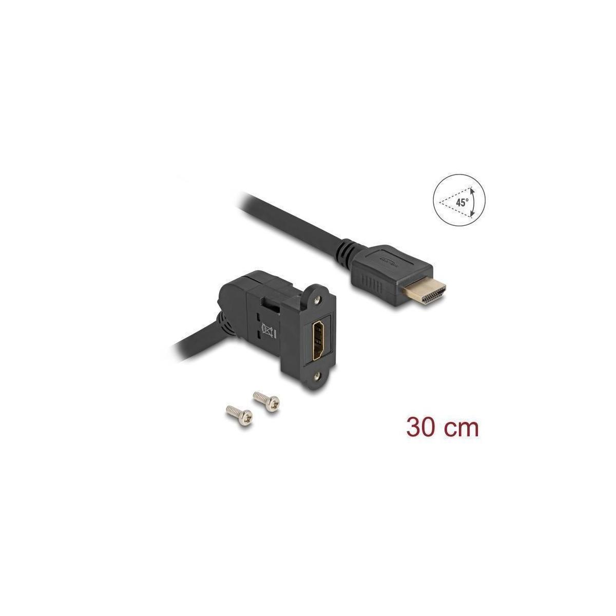 Un cavo e un connettore HDMI neri con viti. È su uno sfondo bianco, con un simbolo di angolo di 45 gradi.