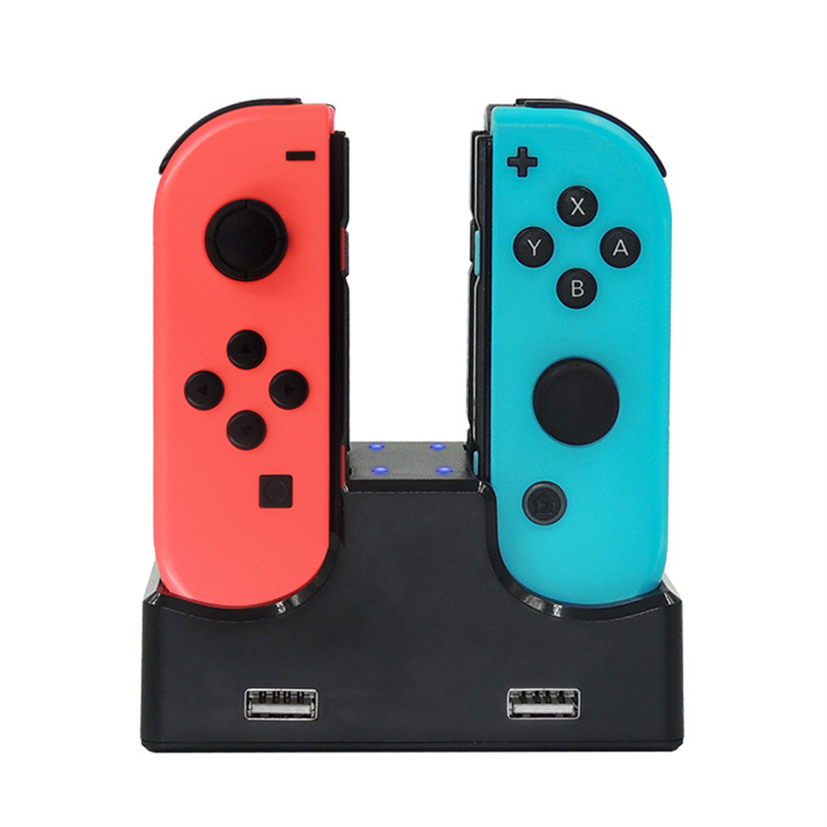 Schwarze Ladestation für Nintendo Switch Joy-Cons, mit roten und blauen Controllern.