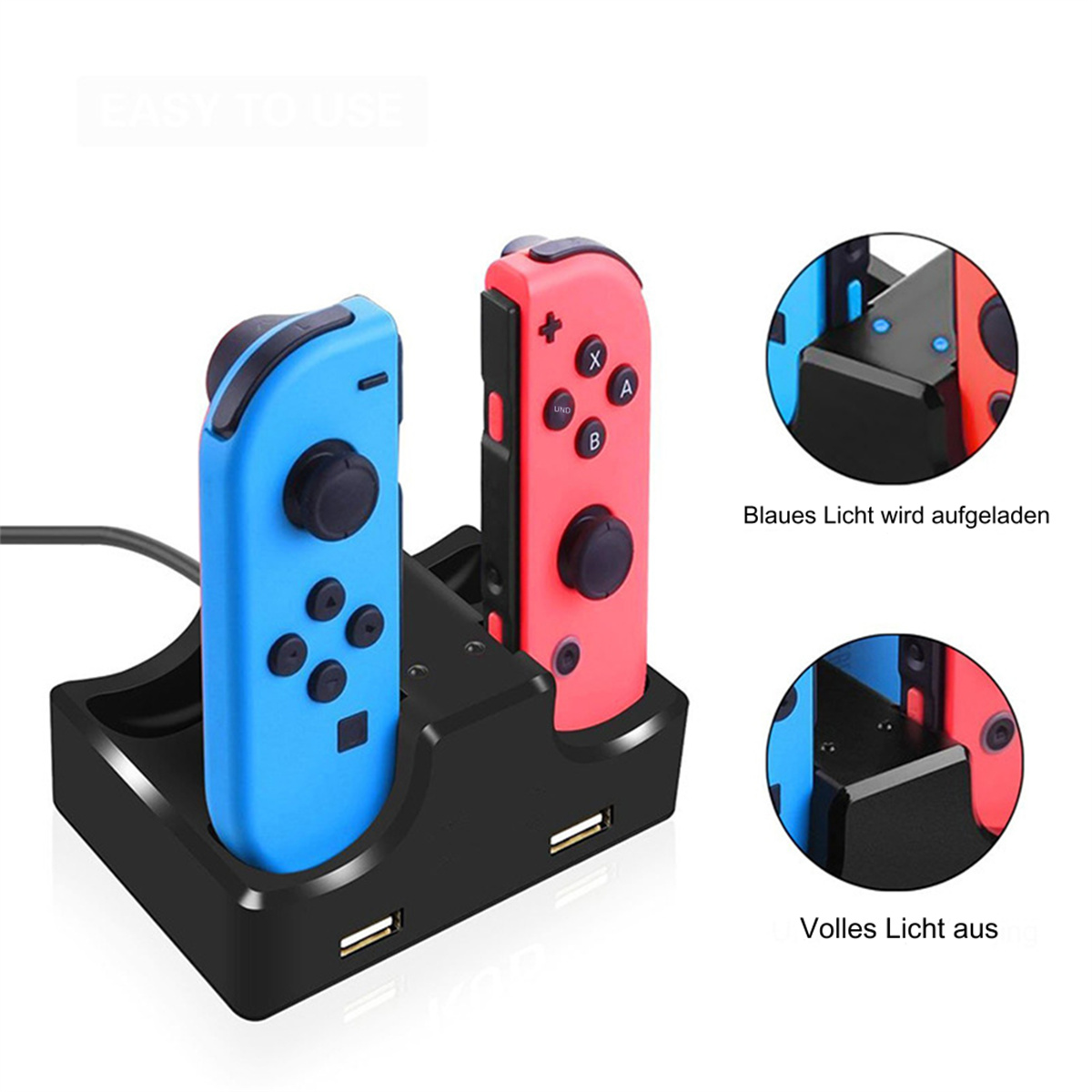 Schwarze Nintendo Switch-Controller laden auf schwarzer Basis. Blaue und rote Controller sichtbar.