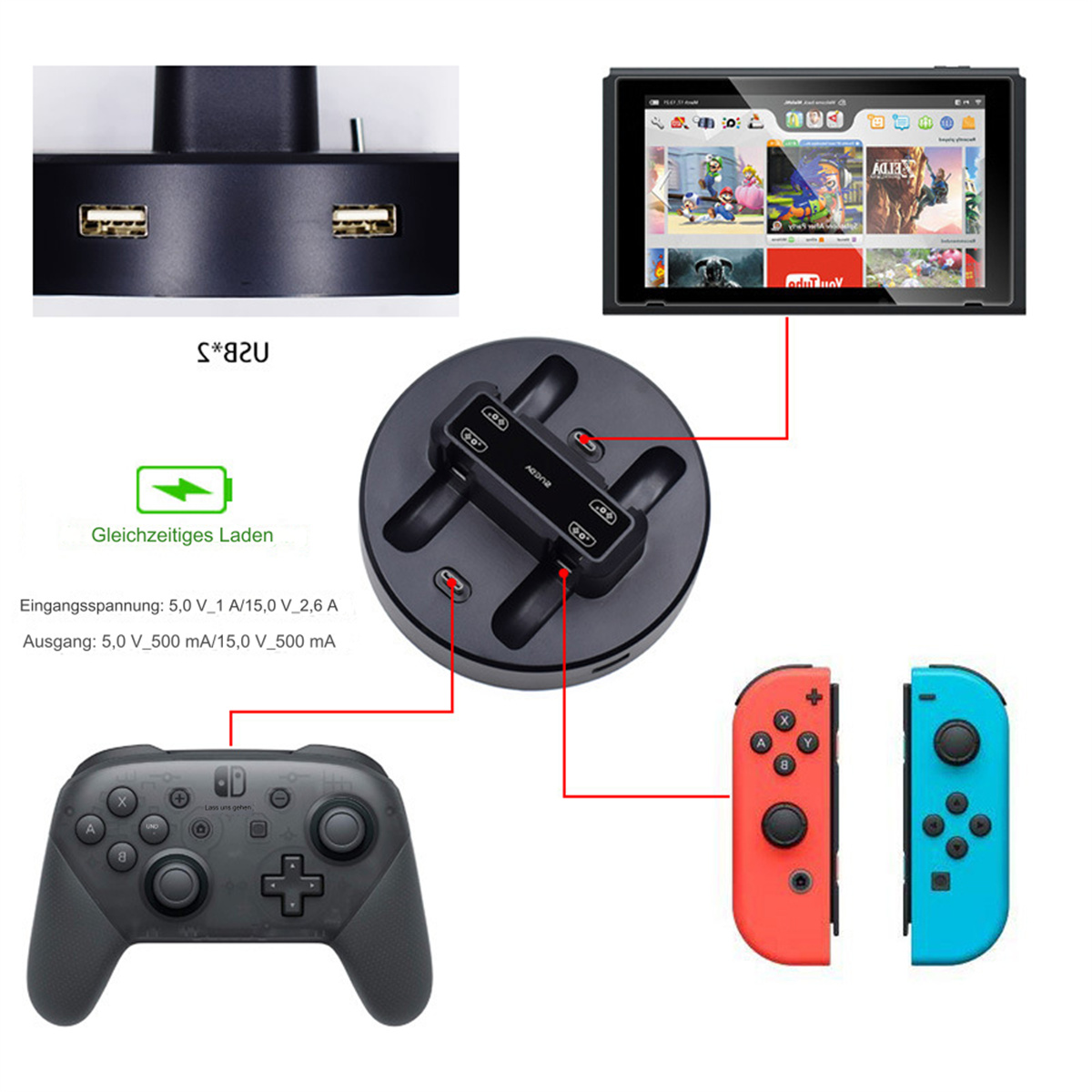 Eine Ladestation mit Controller und zwei Joy-Cons, mit Tablet, das ein Spiel zeigt.