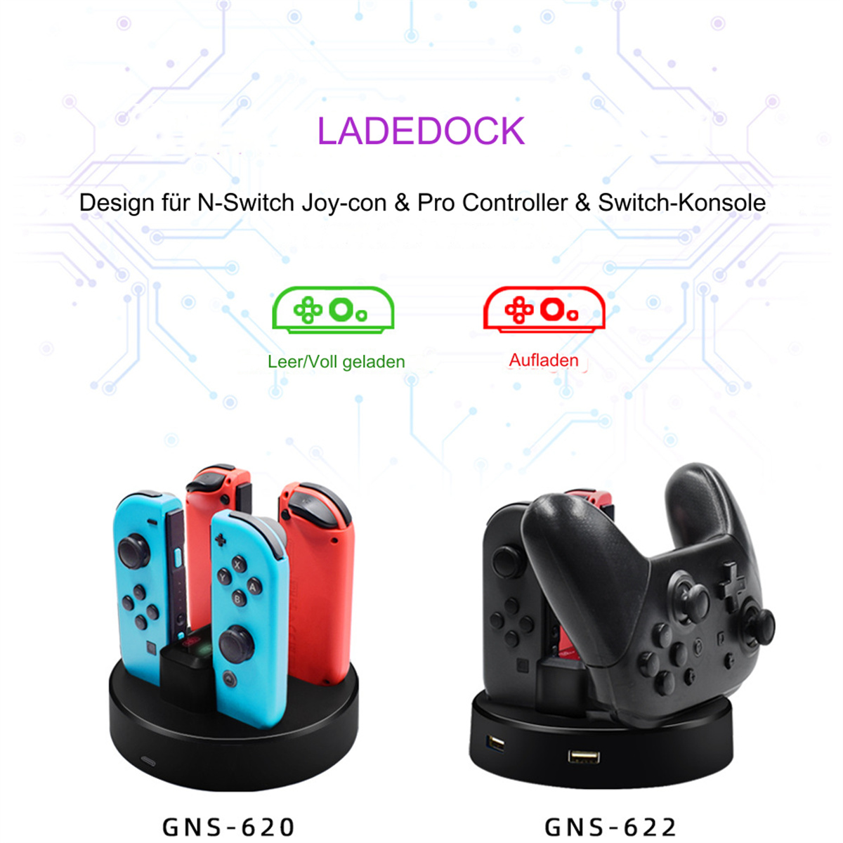 Zwei schwarze Ladestationen mit Spielcontrollern. Blaue und rote Joy-Cons links, schwarzer Controller rechts.