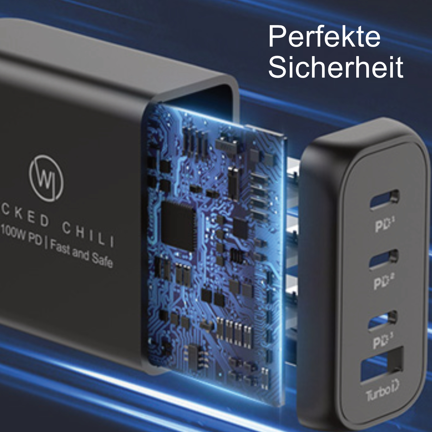Schwarzes Ladegerät mit mehreren Anschlüssen und sichtbarer Platine. Text: "Perfekte Sicherheit".